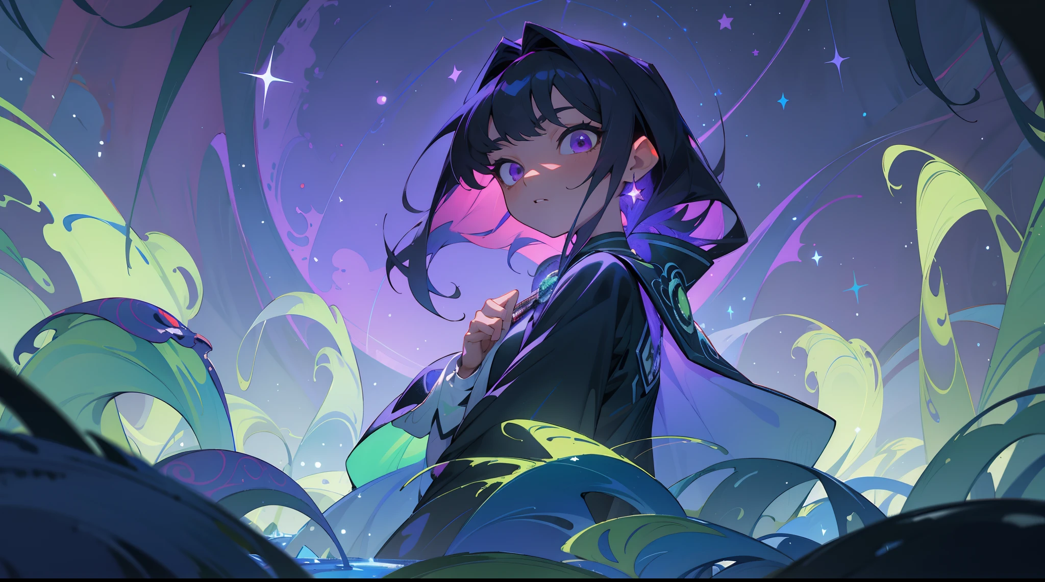 tmasterpiece,Best quality at best,highly details, Ultra-detailed 8K, 超高分辨率,kosmos,starlights,Huge algae,Cthulhu,tentaculata,starrysky,black hole,Bask in starlight,perfect compositions,Purple eye,Black and greenish purple background,Faraway view