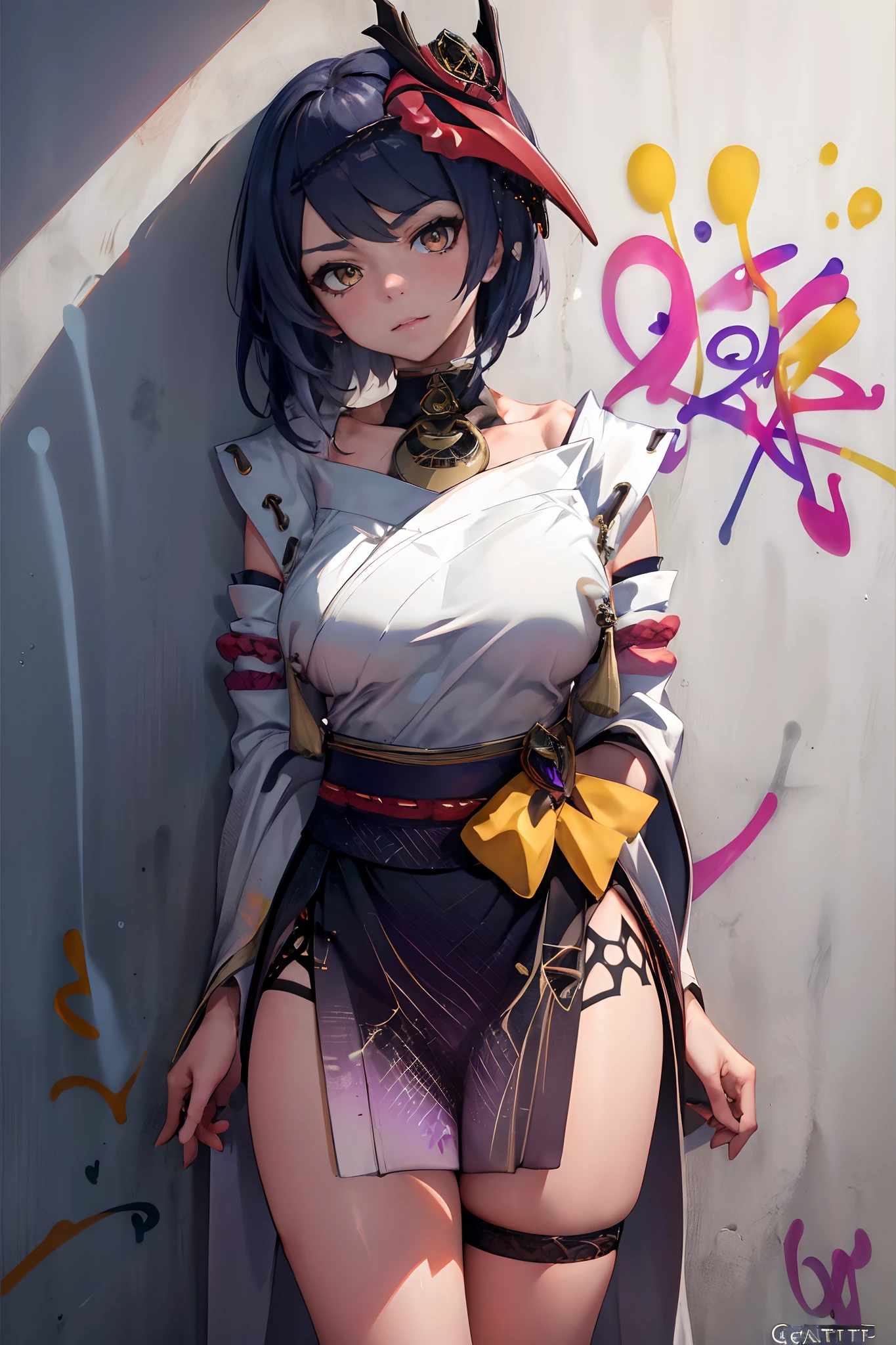 Kujou Sara Genshin Effect, masterpiece, bestquality, 1girls, oversized breasts, bara, Wearing a kimono, Miko Dresses, choker, (Graffiti:1.5), Splash with purple lightning pattern., arm behind back, against wall, View viewers from the front., Thigh strap, Head tilt, bored, water eyes,