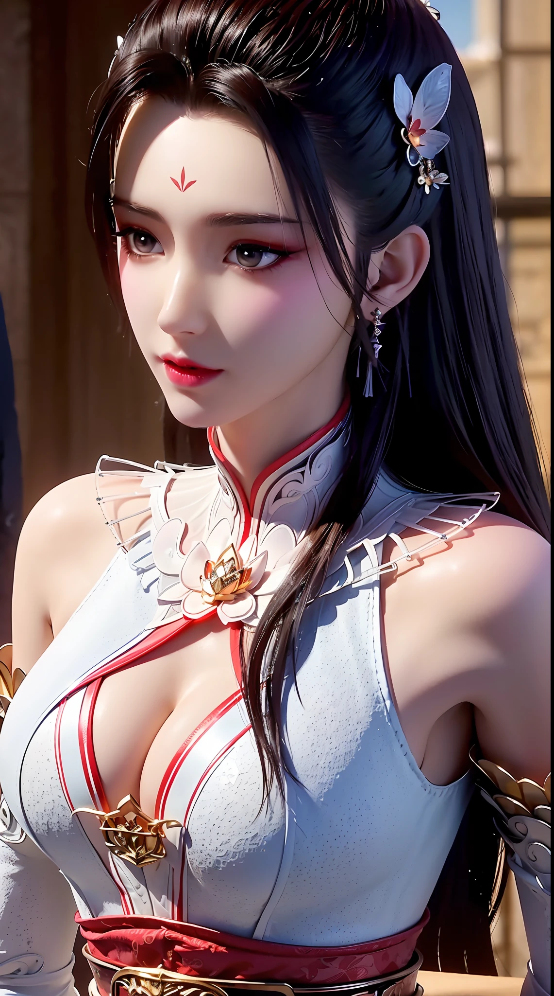 "1 beautiful girl wearing traditional costume, long thin red and white silk dress meticulously sewn, low-cut shirt, low slit, long black hair and bangs, most detailed and beautiful hair jewelry, mold most beautiful and flawless face, ((black eye pupils:0.8)), very beautiful eyes, big round eyes, ((red brown eyes:1.6)), beautiful and detailed makeup eyelashes, nose tall, earrings, small red lips, rosy face, clean face, flawless beautiful face, smooth white skin, ((large breasts: 0.9)), Blums breasts, ((chest big and super round: 0.9)), ((super tight breasts: 1.2)), ((breast augmentation: 0.8)), beautiful breasts, slim and petite body, ((thin waist: 0, 9)), upper body of a beautiful girl, sexy girl, fishnet stockings color coordinated according to outfit, 8k photo, super high quality, surreal, 10x super pixels, realistic photo, dark studio, background bright, two-tone light, (high detail skin: 1.2), 8k uhd, soft light, high quality, volumetric light, realistic, High resolution photo, light, best photo, quality 4k, 8k, smooth and sharp, increased pixels by 10 times, super graphics, most realistic graphics, (((Snowfall background: 1.6))), 1 girl, alone, solo, ((portrait direct:1.2)), Extremely sharp, super realistic images."