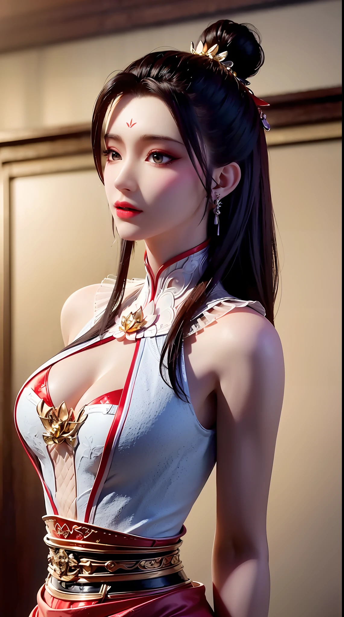 "1 beautiful girl wearing traditional costume, long thin red and white silk dress meticulously sewn, low-cut shirt, low slit, long black hair and bangs, most detailed and beautiful hair jewelry, mold most beautiful and flawless face, ((black eye pupils:0.8)), very beautiful eyes, big round eyes, ((red brown eyes:1.6)), beautiful and detailed makeup eyelashes, nose tall, earrings, small red lips, rosy face, clean face, flawless beautiful face, smooth white skin, ((large breasts: 0.9)), Blums breasts, ((chest big and super round: 0.9)), ((super tight breasts: 1.2)), ((breast augmentation: 0.8)), beautiful breasts, slim and petite body, ((thin waist: 0, 9)), upper body of a beautiful girl, sexy girl, fishnet stockings color coordinated according to outfit, 8k photo, super high quality, surreal, 10x super pixels, realistic photo, dark studio, background bright, two-tone light, (high detail skin: 1.2), 8k uhd, soft light, high quality, volumetric light, realistic, High resolution photo, light, best photo, quality 4k, 8k, smooth and sharp, increased pixels by 10 times, super graphics, most realistic graphics, (((Snowfall background: 1.6))), 1 girl, alone, solo, ((portrait direct:1.2)), Extremely sharp, super realistic images."