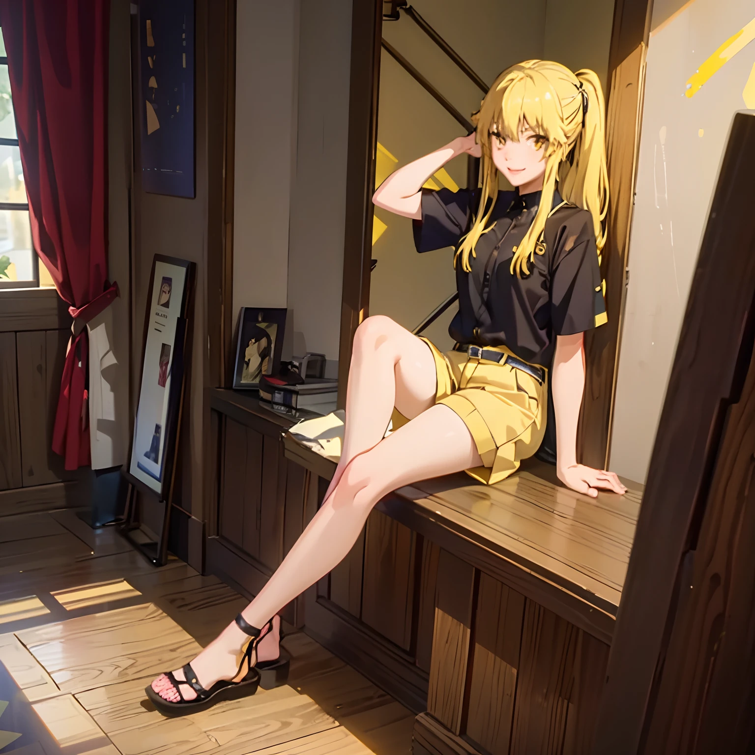 1girl, saotome mary, bangs, yellow hair, yellow eyes, wearing plain black short sleeve shirt, wearing sandals, smiling, shorts, high res, ultrasharp, 8K, masterpiece, looking at viewer