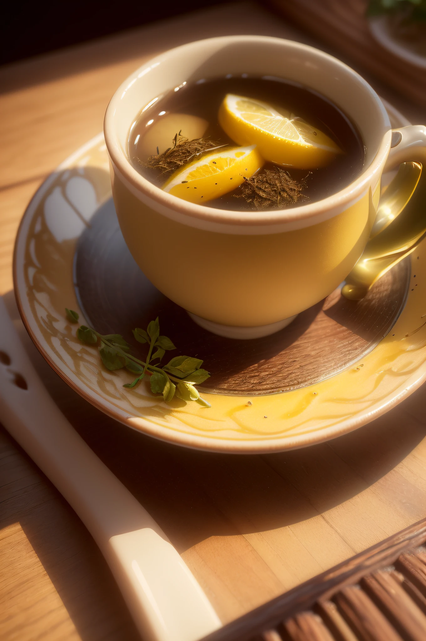 (close-up photo,yellow tea,tea cup,tea leaves,color details,texture,tea water) (best quality,4k,8k,highres,masterpiece:1.2),ultra-detailed,(realistic,photorealistic,photo-realistic:1.37) (still life,photography) (vibrant colors,warm tones) (soft lighting,subtle shadows)