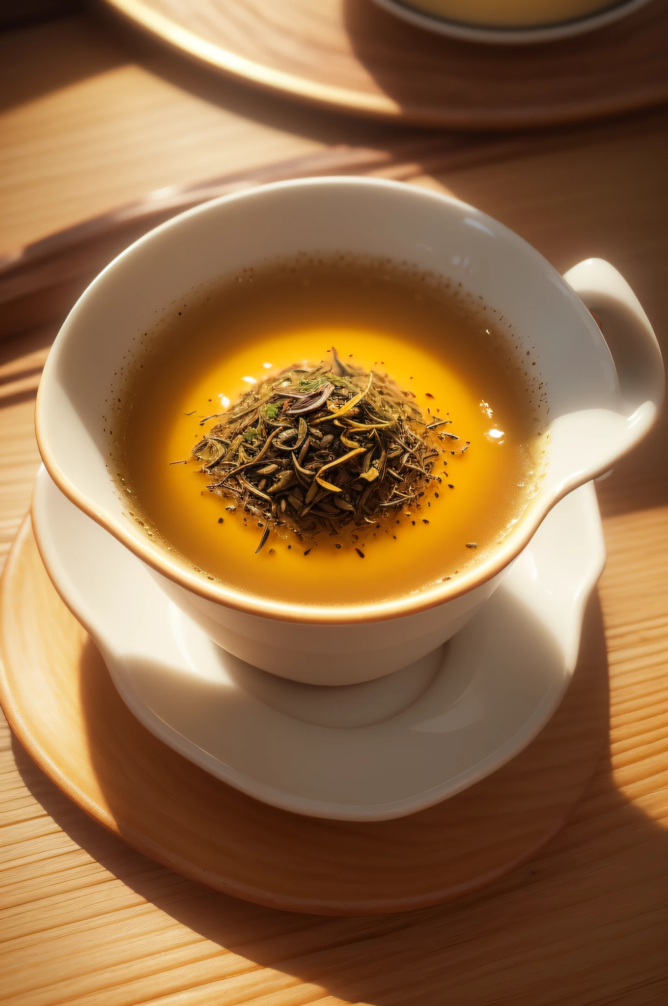 (close-up photo,yellow tea,tea cup,tea leaves,color details,texture,tea water) (best quality,4k,8k,highres,masterpiece:1.2),ultra-detailed,(realistic,photorealistic,photo-realistic:1.37) (still life,photography) (vibrant colors,warm tones) (soft lighting,subtle shadows)