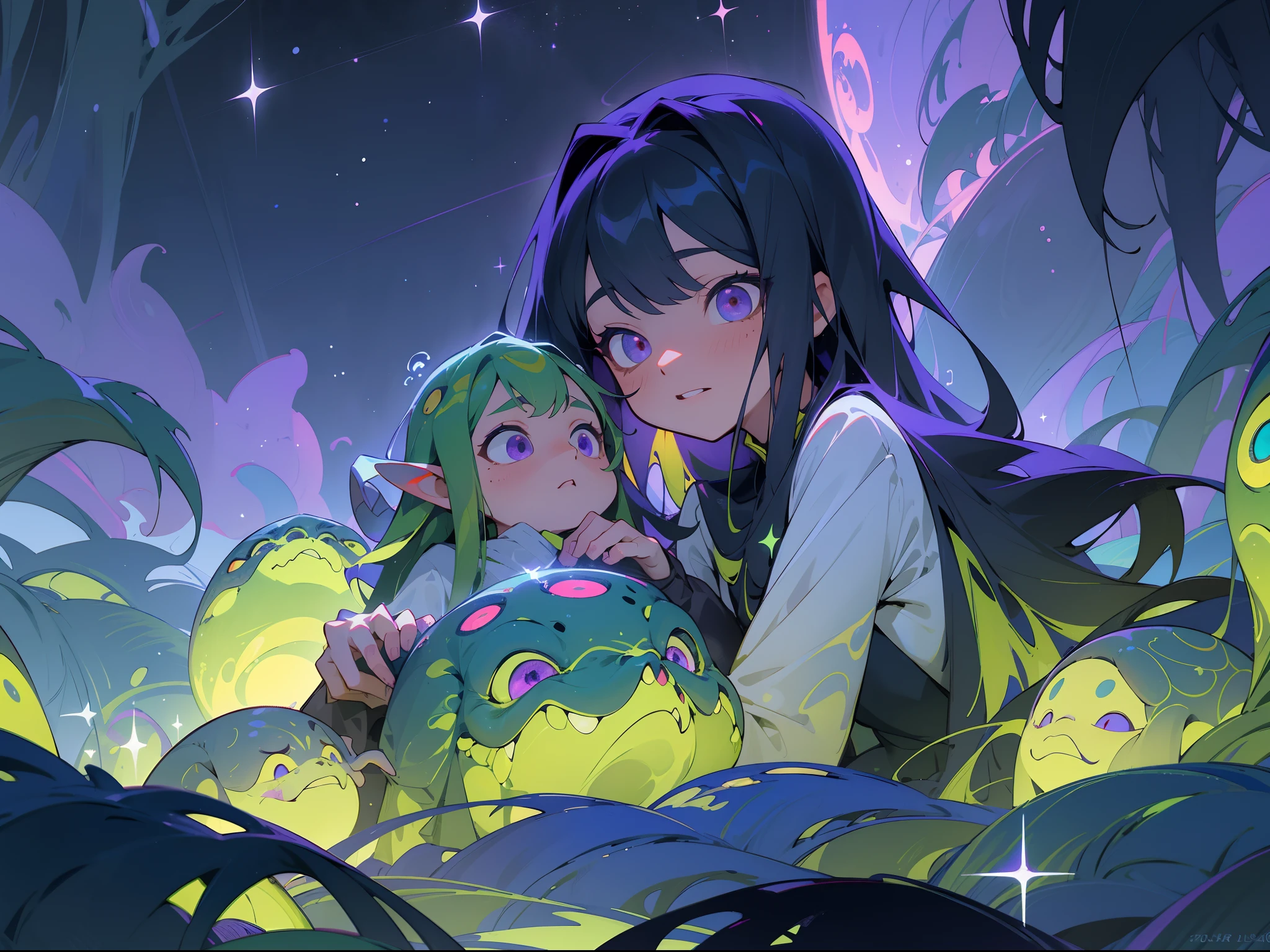 tmasterpiece，Best quality at best），highly details, Ultra-detailed 8K， 超高分辨率，kosmos，starlights，Huge algae，Cthulhu，tentaculata，starrysky，black hole，Bask in starlight，perfect compositions，Purple eye，Black and greenish-purple