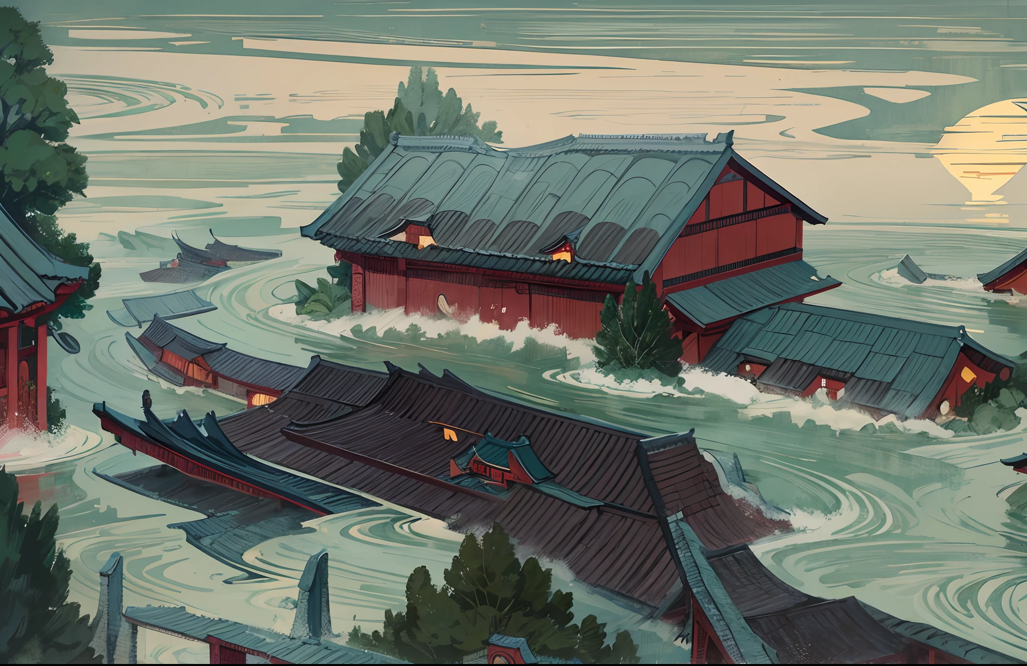 floods,Confucian style,storybook illustrations,Illustrated story,