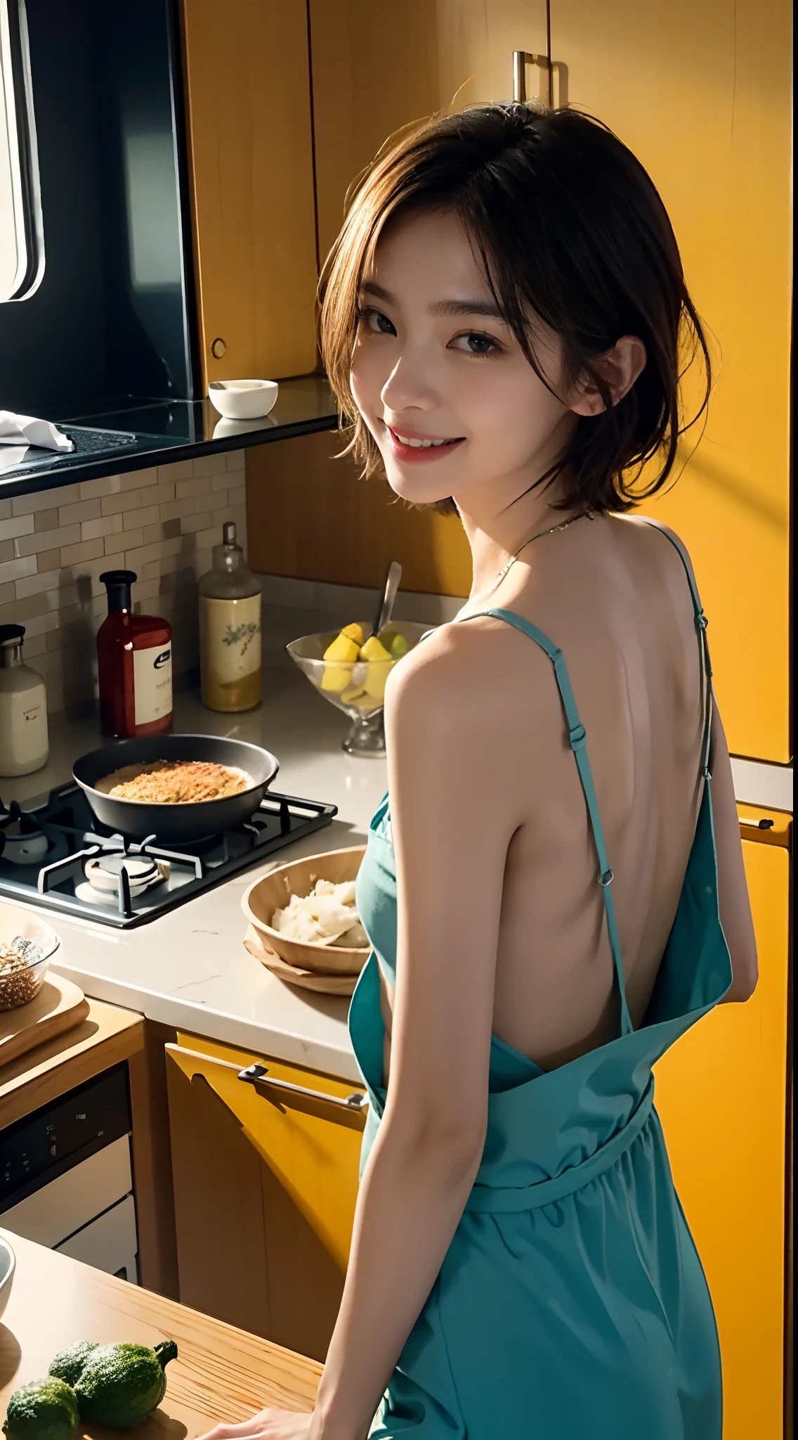 1girll, Solo, Brown hair, Kitchen, Breasts, Smile, aprons, hindquarters, Short hair, view the viewer, Indoors, Looking back, Brown eyes, Large breasts, NAKED Apron, Side Chest, window, Bare shoulders, standing, parted lip, kneeling down, back, Lips, From behind