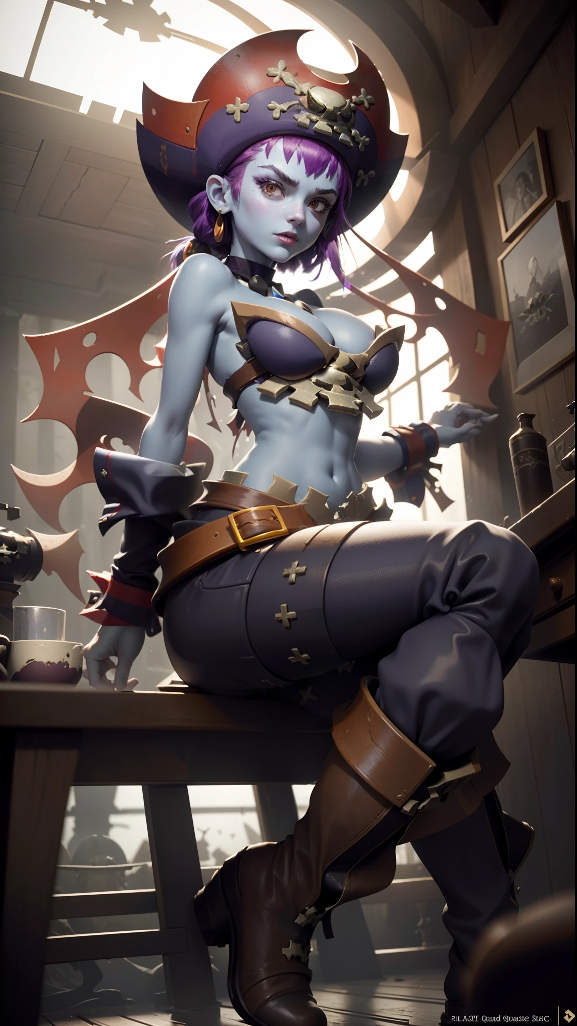 ((beste-Qualit)), ((tmasterpiece)), (higly detailed:1.3), ....3d, In a gloomy and harsh pirate ship, Risks of boots. Ignite your imagination and paint a vivid portrait of the perverted psyche Risks Boots, catching the essence of her madness and unbridled spirit, which defines it,HDR (High Dynamic Range),ray traced,NVIDIA RTX,Over-resolution,Unreal 5,sub-surface Scattering,PBR Texturing,postprocessed,Anisotropic filtering,Depth of field,Maximum clarity and sharpness,Multi-layer Textures,Albedo cards and mirrors,Surface shading, Accurately simulate the interaction of light and matter
