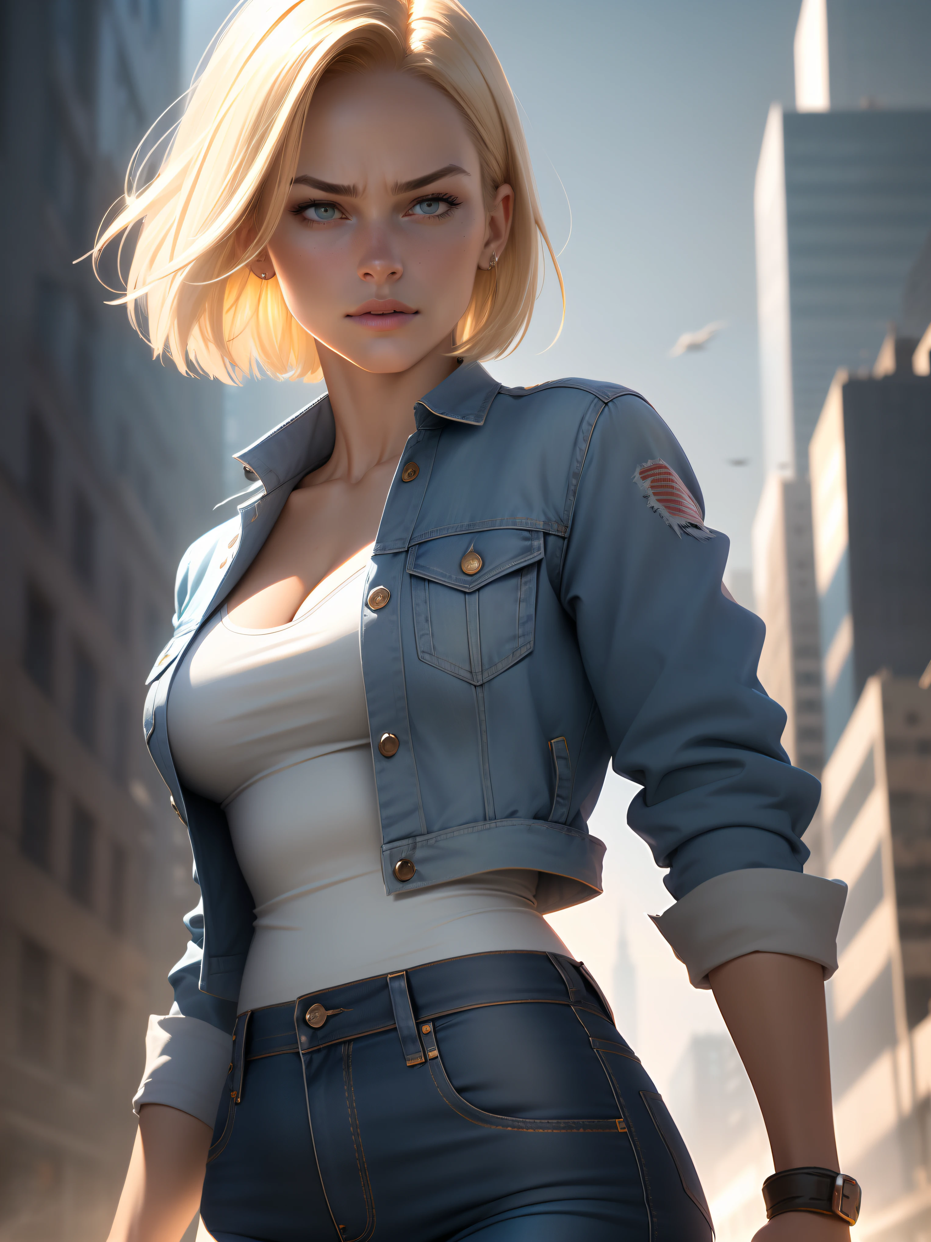 (1girl:1.4), (sfw), (clothed), (masterpiece), illustration,(realistic:1.5), (specular lighting:1.4), (hyperrealistic:1.2), (photorealistic face:1.2), (perfect face), (best quality), (8k), (4k), photorealistic, sharp focus, octane render, best quality, extremely detailed, intricate, hyper detailed, fantasy, soft lighting,(medium breasts:1.4), (skindentation:1.3), android 18 from Dragon Ball, looking down at viewer, after a fight, torn clothes, Android 18, tight blue jeans, perfect body, denim jacket, shirt with horizontal stripes, perfect hands, suspicious face, excited to fight, short blonde bob haircut, destroyed city in the background, one fist up