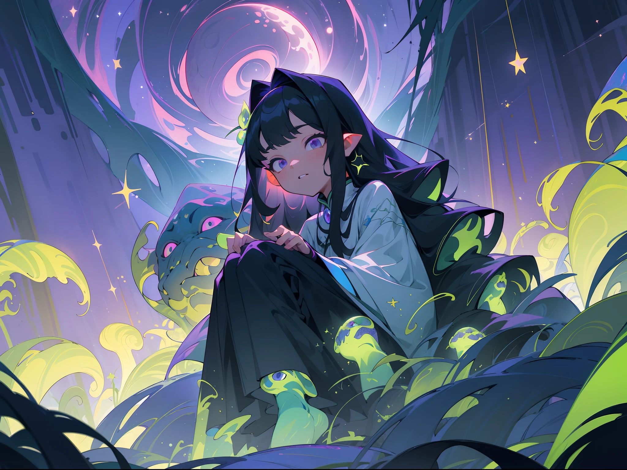 tmasterpiece,Best quality at best),highly details, Ultra-detailed 8K, 超高分辨率,kosmos,starlights,Huge algae,Cthulhu,tentaculata,starrysky,black hole,Bask in starlight,perfect compositions,Purple eye,Black and greenish-purple