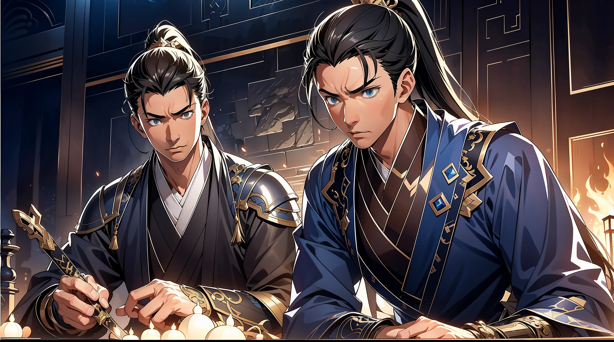 quadratic element,style of anime,mtu(Male Warrior),The proportions are correct,Face details,swordsmen,High ponytail hairstyle,Neck details,There is an Adam's apple,Blue suit,kaftan,long blue robes,clothes details,Handing over,longer sleeves,Game quality,Swordsmanship,Light and shadow tracking,Ray traching,detailed glow,cg render,hair detail,Black long hair,blue colored eyes,Handsome,Handsome,(juvenile sense),Clothing is complicated,Perfectcomposition,Refinement,high qulity,higher details,Lots of details,The background is complex,a sense of atmosphere,