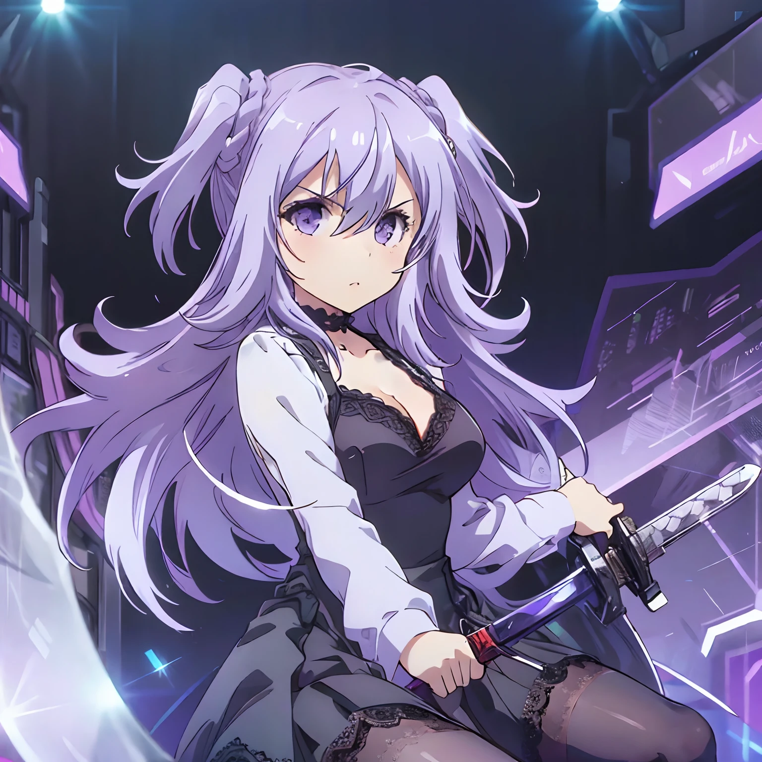 masterpiece, best quality,
1girl,solo, maria,purple hair ,long hair,hair between eyes,two side up, purple eyes, medium breasts,
, solo focus, parted lip, determined eyes, (drawing sword stance),
lace lace dress, black frill dress, long dress frill skirt, tight dress, lace thighhighs, lace garter, classic high heels, lace choker,