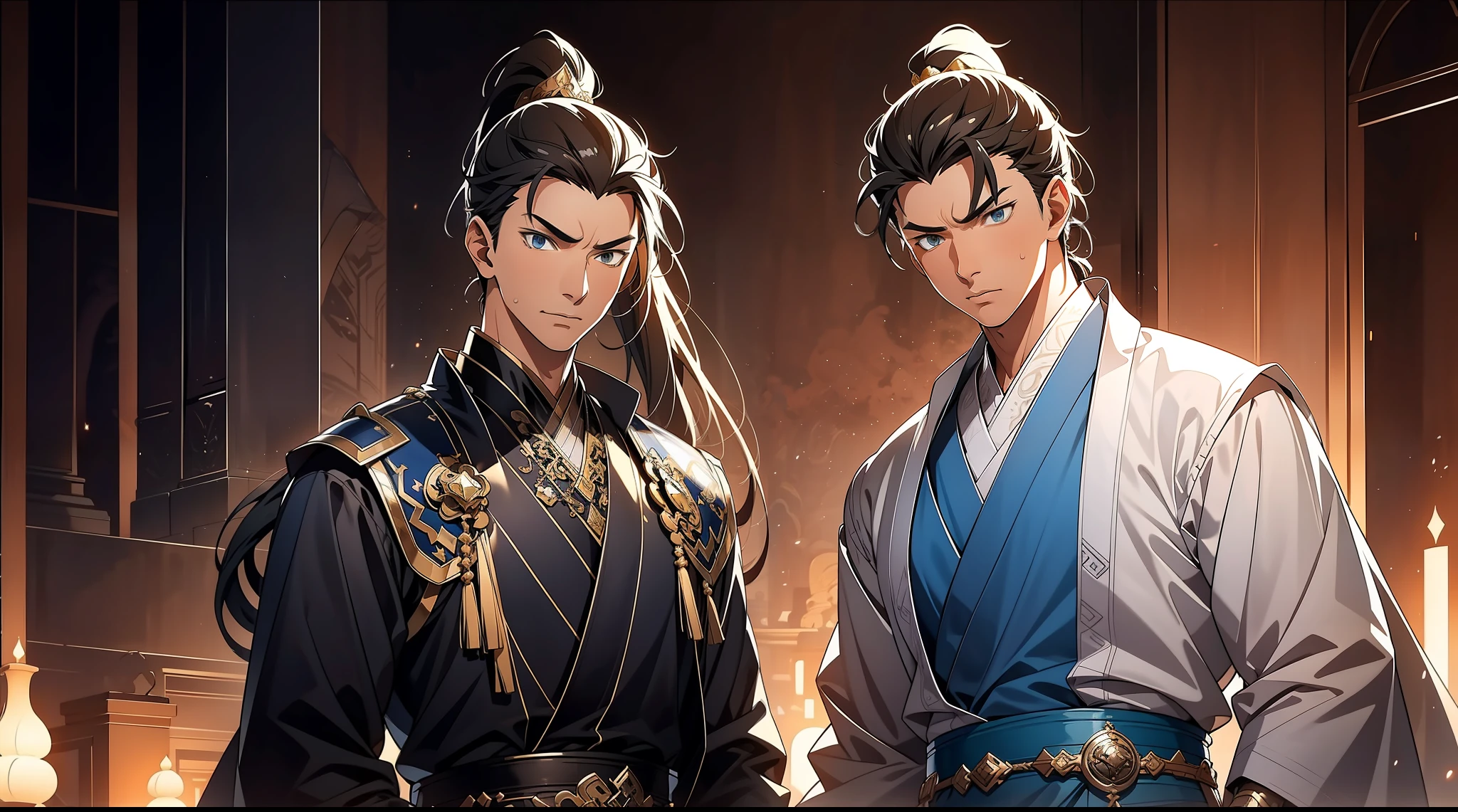 quadratic element,style of anime,mtu(Male Warrior),The proportions are correct,Face details,swordsmen,High ponytail hairstyle,Neck details,There is an Adam's apple,Blue suit,kaftan,long blue robes,clothes details,Handing over,longer sleeves,Game quality,Swordsmanship,Light and shadow tracking,Ray traching,detailed glow,cg render,hair detail,Black long hair,blue colored eyes,Handsome,Handsome,(juvenile sense),Clothing is complicated,Perfectcomposition,Refinement,high qulity,higher details,Lots of details,The background is complex,a sense of atmosphere,