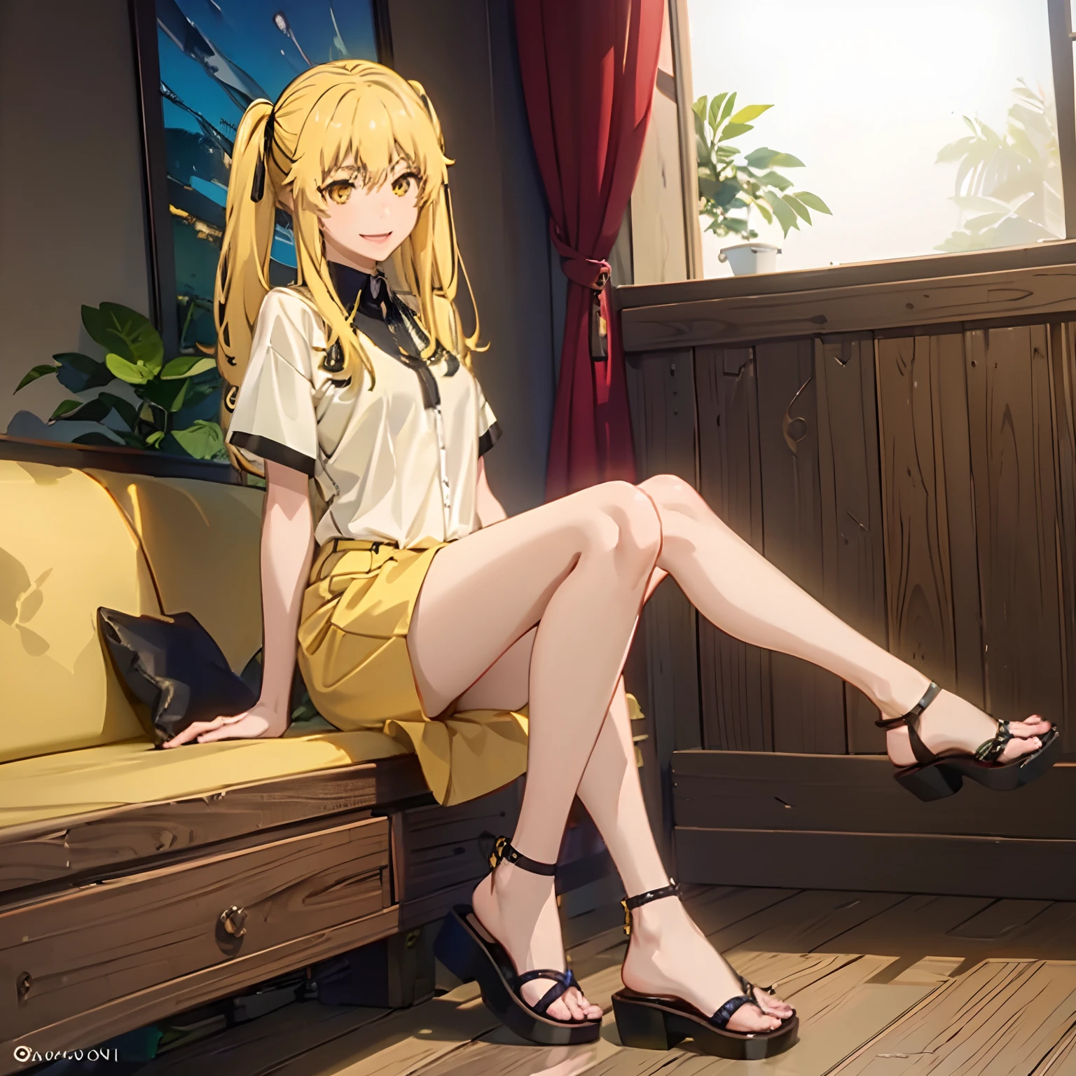 1girl, saotome mary, bangs, yellow hair, yellow eyes, wearing plain black short sleeve shirt, wearing sandals, smiling, shorts, high res, ultrasharp, 8K, masterpiece, looking at viewer