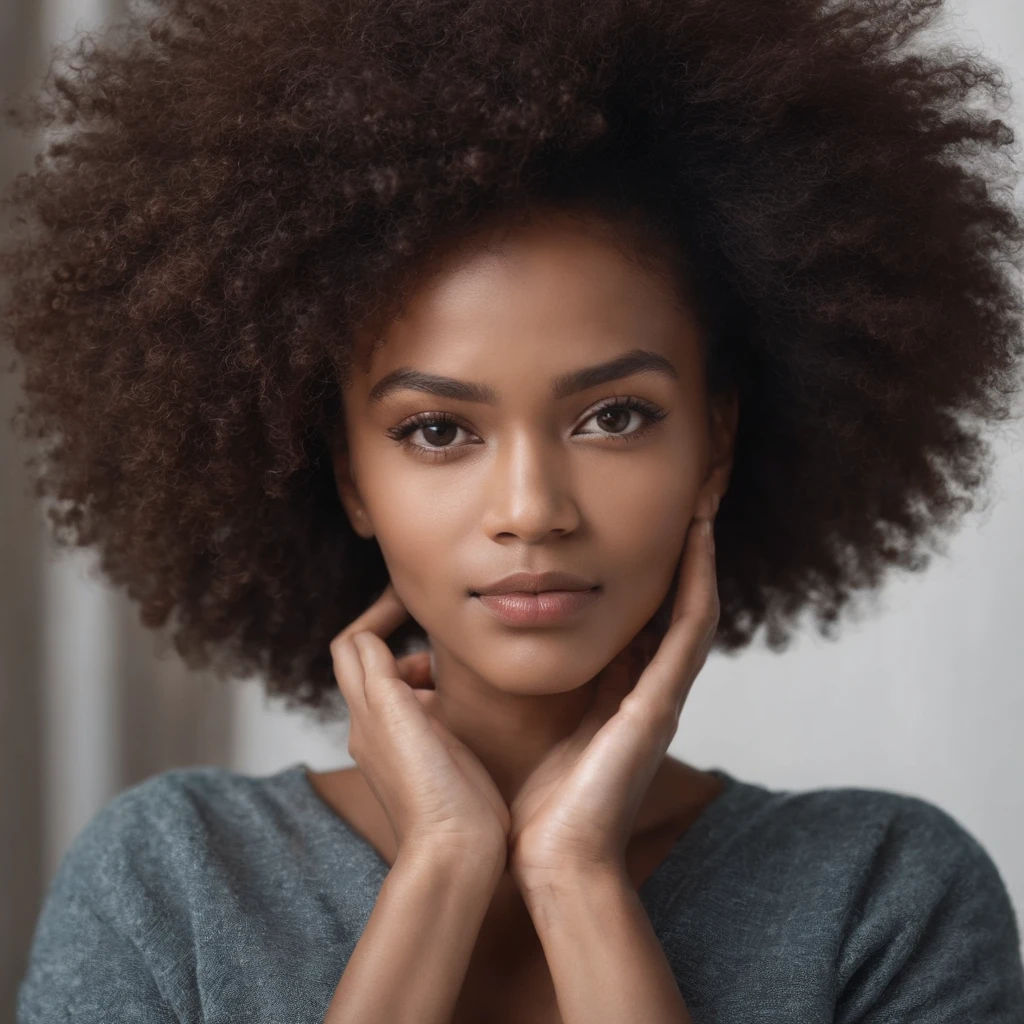 beautiful dark light skin woman with an afro hair style, Out-front photo of Influencer looking at the camera with hands crossed and folded in front of her. perfect hands and fingers.
