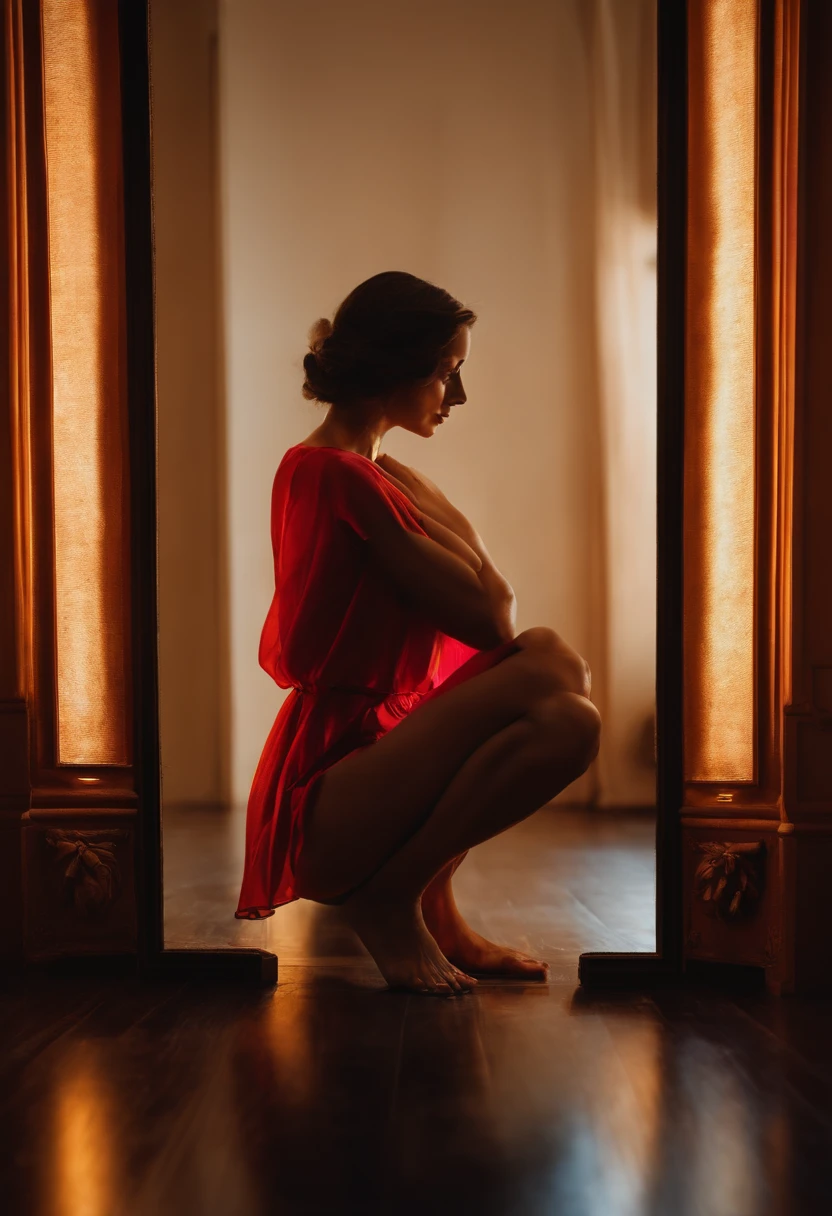 person kneeling on the floor in front of a mirror