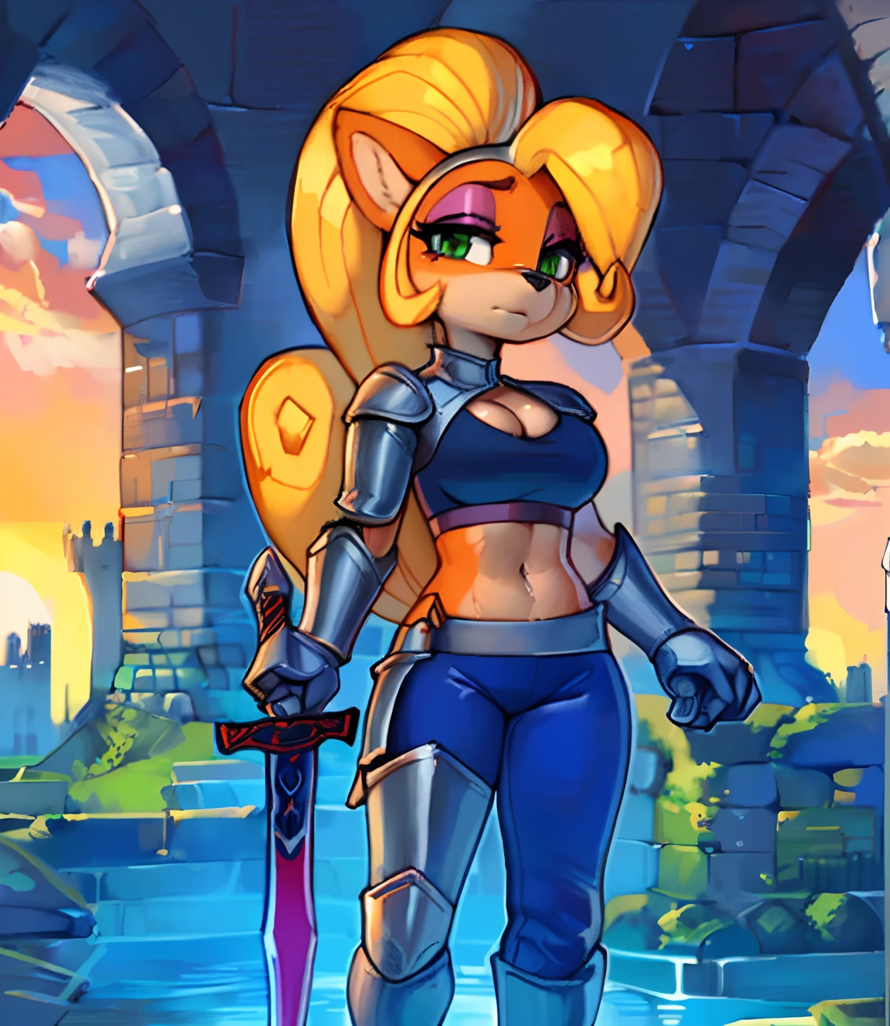 [Coco bandicoot], [Uploaded to e621.net; (Pixelsketcher), (wamudraws)], ((masterpiece)), ((HD)), ((solo portrait)), (full body)), ((shoes visible)), ((furry; anthro)), ((detailed fur)), ((detailed shading)), ((beautiful render art)), ((front view)), ((shoes visible)), {anthro; (orange fur, black nose), (cute green eyes), (pink eyeshadow), (expressionless), blonde curly hair, curly ponytail, {(silver knight armor), (silver knight leggings), (midriff), (cleavage), (small boobs), (knight helmet), (silver boots), (gauntlets)}, {(standing), (holding sword with pink handle)}, [background; (castle ruins) (sunset), (orange sky), (sun rays)]