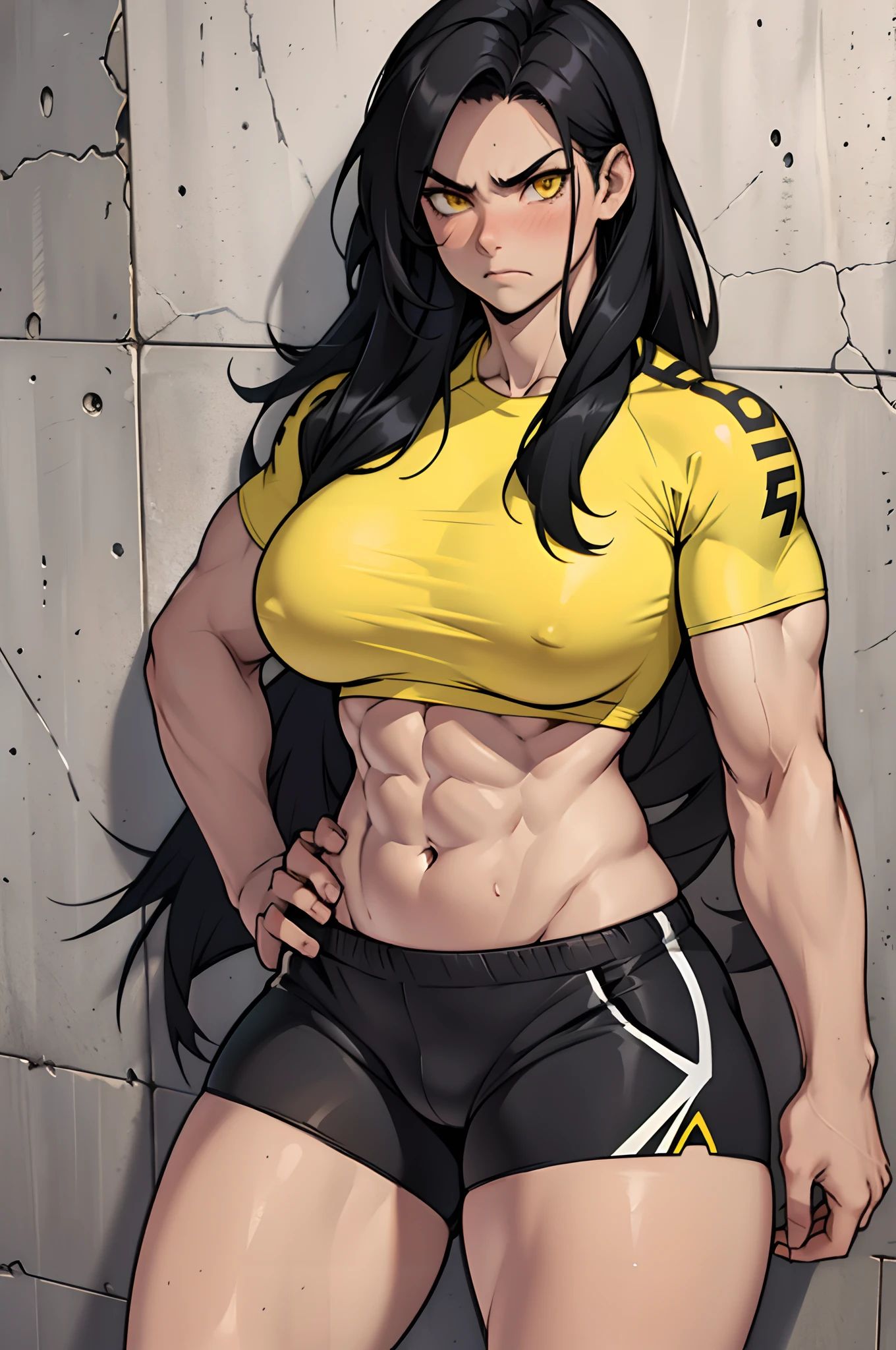 ((1 girl)), extremely long hair, solo, ((muscular)), veins, black hair, yellow eyes, blushing, (thick thighs), pale skin, strong, veins, abs, big thighs, (huge breasts), navel, angry, against wall, concrete wall, crop top, bike shorts