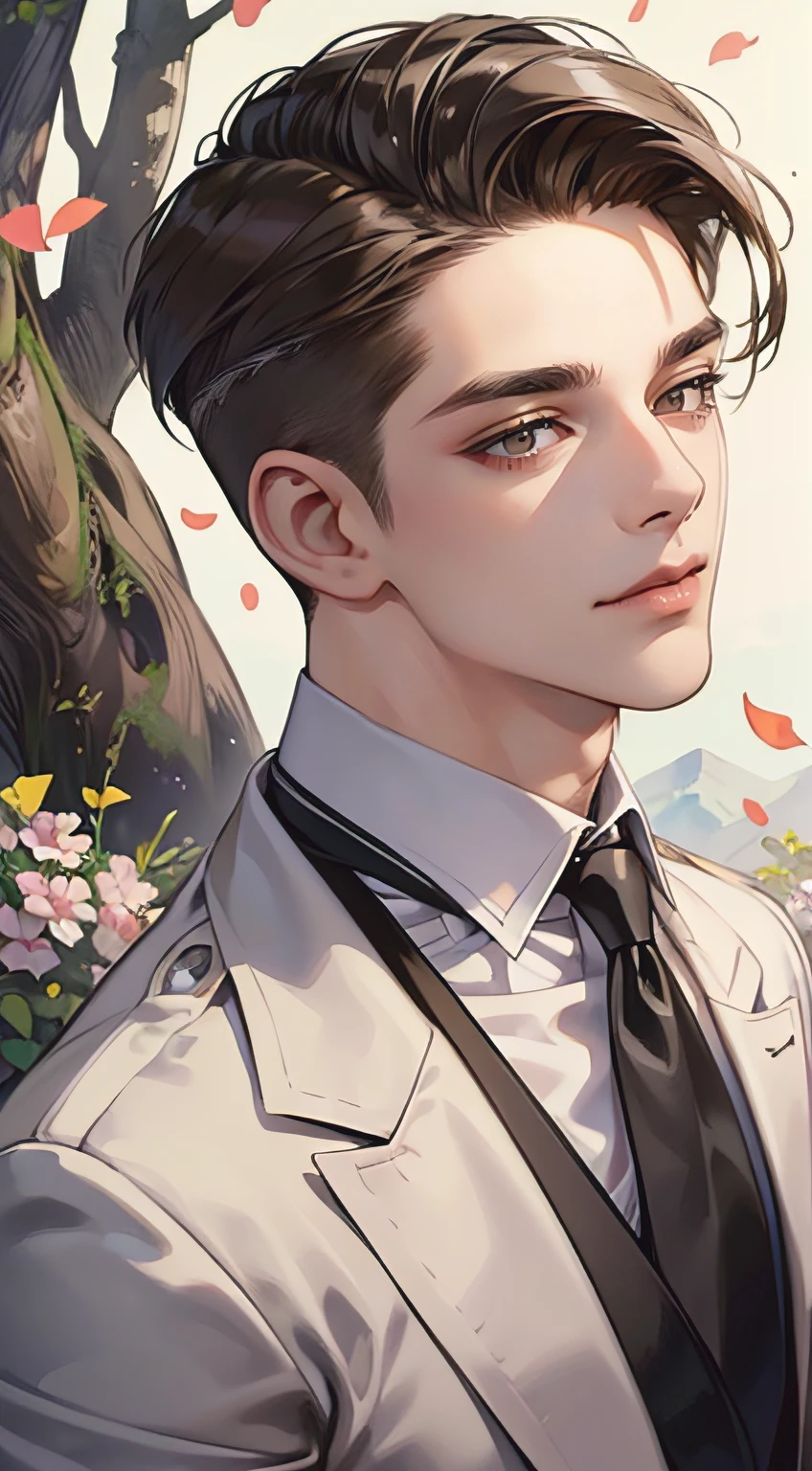 ((masterpiece)),(((best quality))), (detailed light) (detailed shadow), (high quality, breathtaking),(expressive eyes, perfect face), 1man, solo, male, tall, (mature), board shoulder, muscular, (((undercut hairstyle))), short brown hair, light brown eyes, happy smiling face, black suit, white tie, oak tree background, flower petal flying, windy, look at viewer,