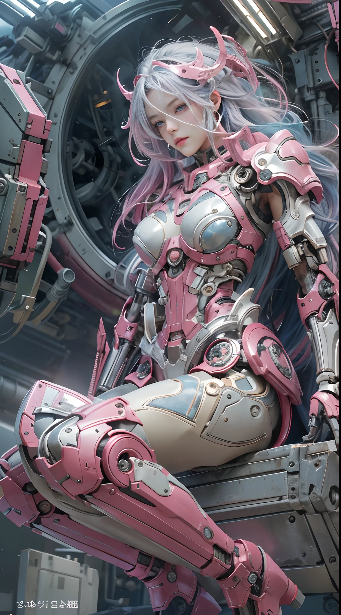 Perfect human body modeling, 1girl, small breasts, beautiful girl, cute girl and idol face, young face, smile, Beautiful long pink hair, twintails, Beautiful shining red eyes, white skin, Short body, Rabbit ears in robot style, powered armor, full armor, powered leg, Mechanical armor, steampunk