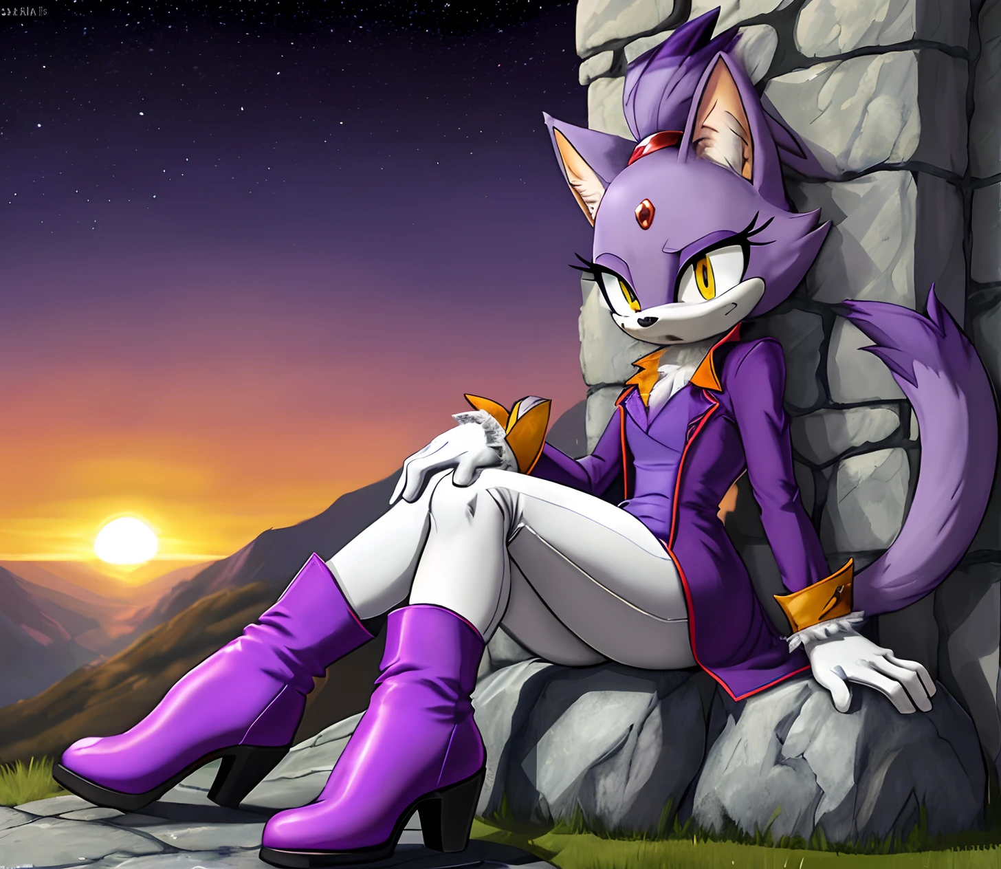 [Blaze the Cat], [Uploaded to e621.net; (Pixelsketcher), (twistedterra), (napalm_express)], ((masterpiece)), ((HD)), ((High quality)), ((solo portrait)), ((front view)), ((full body)), ((detailed fur)), ((detailed shading)), ((beautiful render art)), ((intricate details)), {anthro cat, (light purple fur), black nose, cat ears, beautiful yellow eyes, red diamond on forehead, purple highlights, short ponytail, hair tie, long tail, (curvy hips), (beautiful legs), (expressionless)}, {(purple trench coat), (white leggings), (red heel boots, with fur trim), (white gloves with fur trim)}, {(sitting on stone wall), (legs crossed)}, [background; (grass plains), (sunset), (starry sky)]