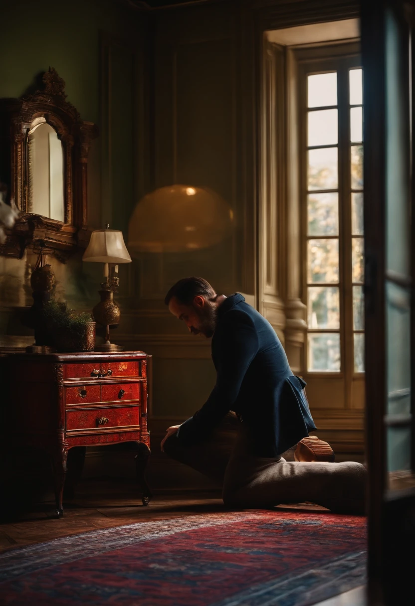 Home on his back kneeling on the floor in front of a mirror