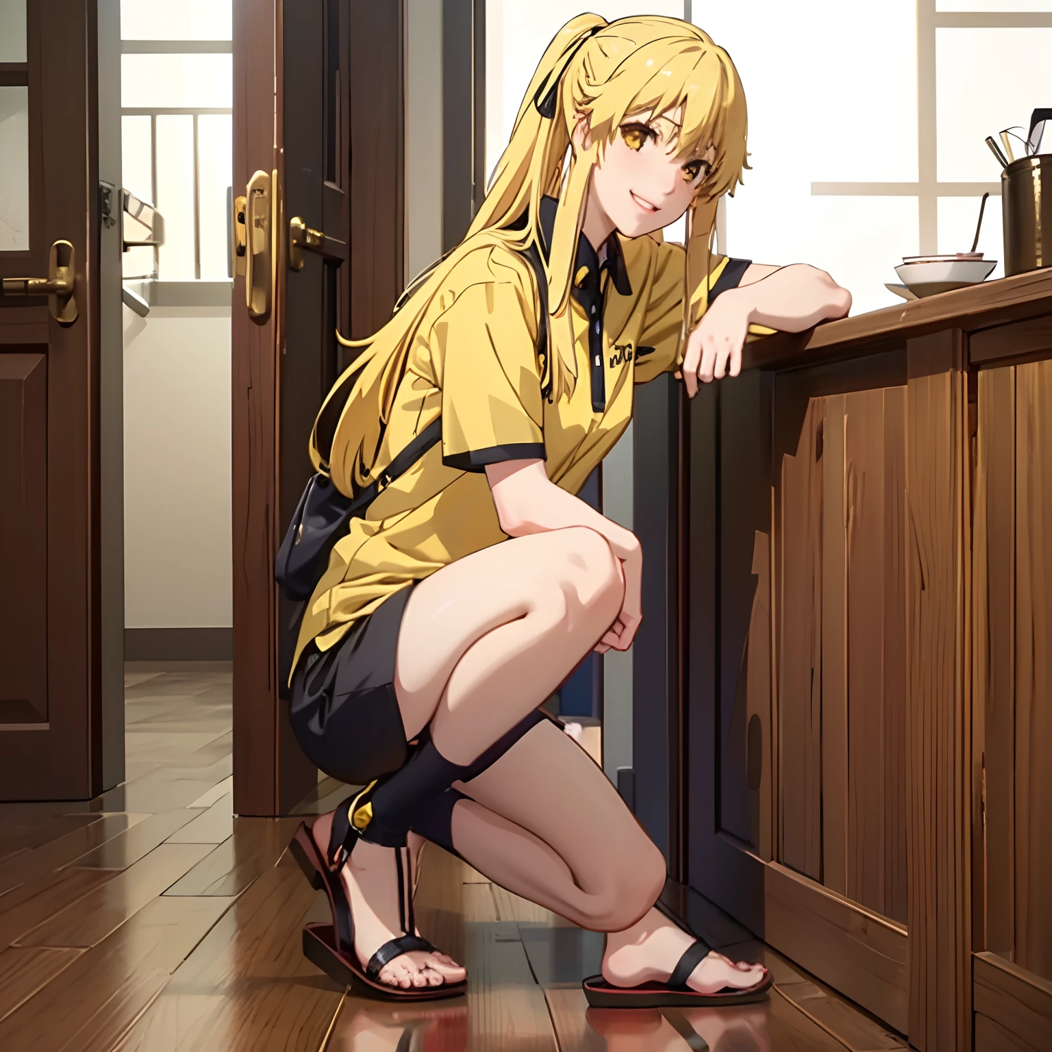 1girl, saotome mary, bangs, yellow hair, yellow eyes, wearing plain black short sleeve shirt, wearing sandals, smiling, shorts, high res, ultrasharp, 8K, masterpiece, looking at viewer