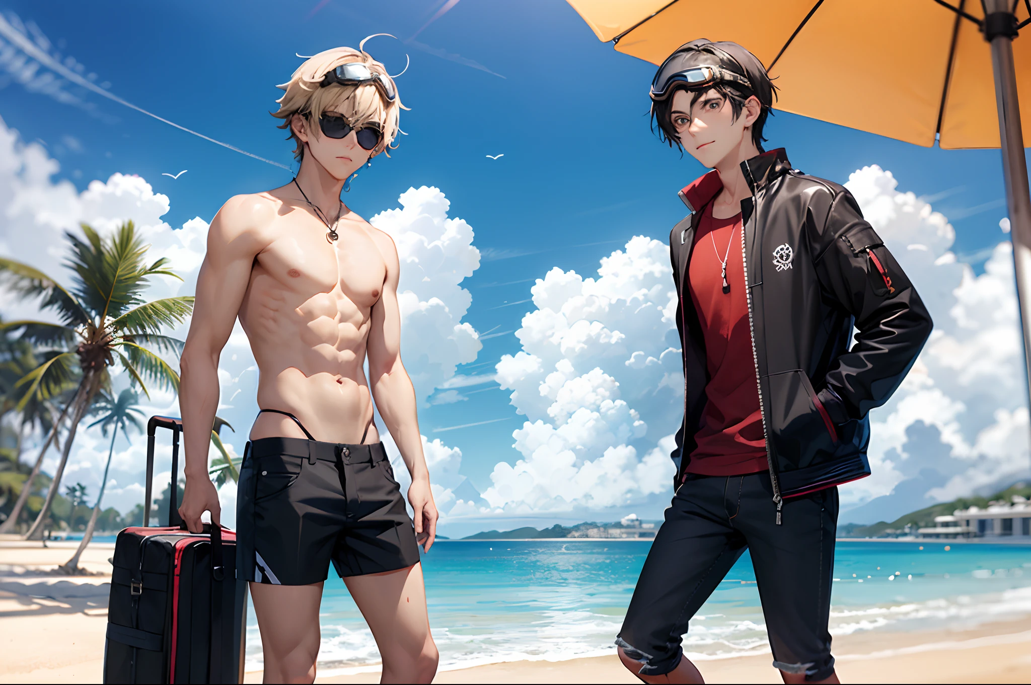 Garoto 18 anos, estilo anime, na praia, sky with clouds, bermuda vermelha, wearing goggles, sem camisa,