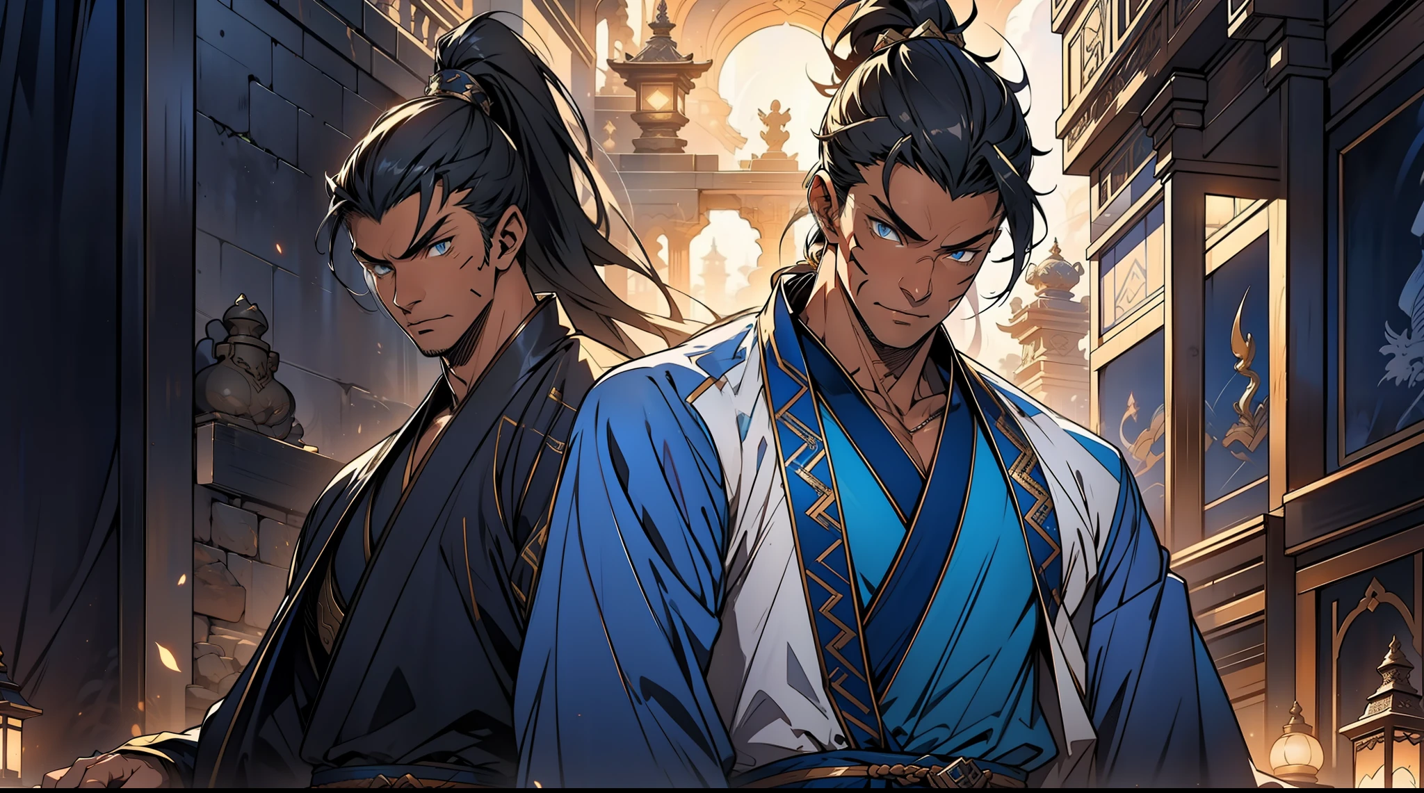 quadratic element，style of anime，mtu（Male Warrior），The proportions are correct，Face details，swordsmen，High ponytail hairstyle，Neck details，There is an Adam's apple，Blue suit，kaftan，long blue robes，clothes details，Handing over，longer sleeves，Game quality，Swordsmanship，Light and shadow tracking，Ray traching，detailed glow，cg render，hair detail，Black long hair，blue colored eyes，Handsome，Handsome，（juvenile sense），Clothing is complicated，Perfectcomposition，Refinement，high qulity，higher details，Lots of details，The background is complex，a sense of atmosphere，