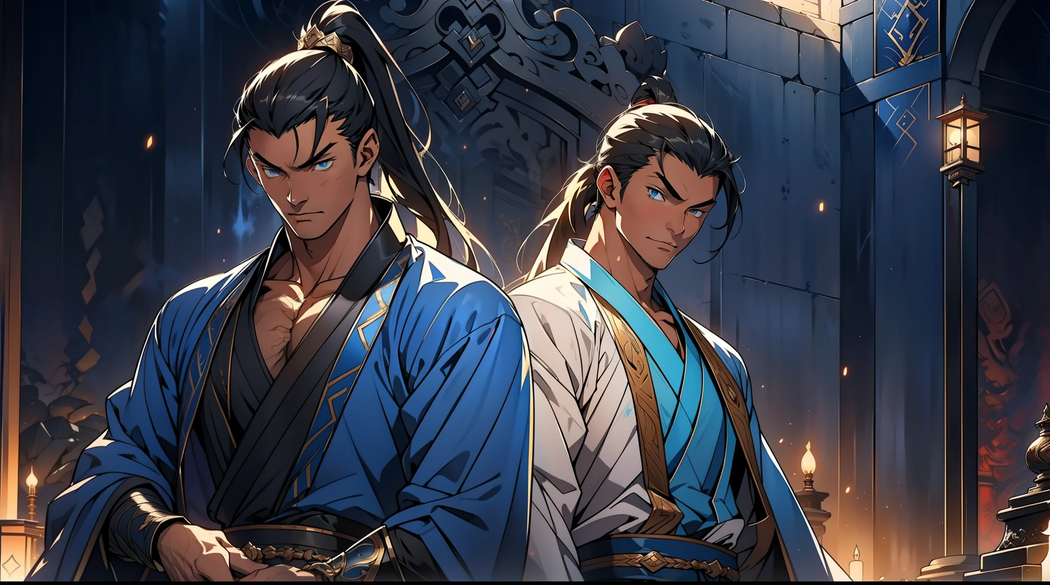 quadratic element，style of anime，mtu（Male Warrior），The proportions are correct，Face details，swordsmen，High ponytail hairstyle，Neck details，There is an Adam's apple，Blue suit，kaftan，long blue robes，clothes details，Handing over，longer sleeves，Game quality，Swordsmanship，Light and shadow tracking，Ray traching，detailed glow，cg render，hair detail，Black long hair，blue colored eyes，Handsome，Handsome，（juvenile sense），Clothing is complicated，Perfectcomposition，Refinement，high qulity，higher details，Lots of details，The background is complex，a sense of atmosphere，