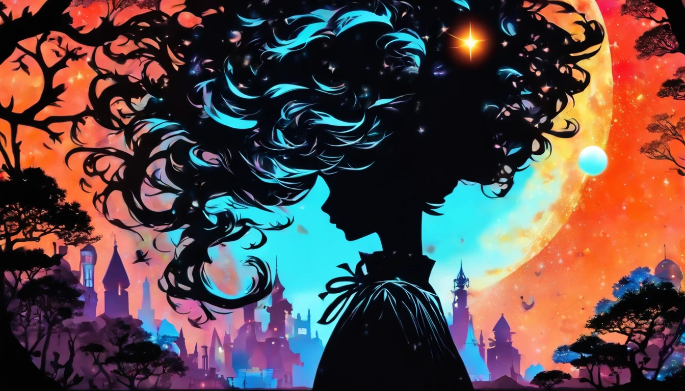 (Silhouette Art,cutouts:1.6)
(((Paper cutting art,A world where only black exists:1.3)

(Cowboy Shot),1 girl,Solo,
(Girl in dress,profile:1.2),white, Clear and beautiful face,Countless meteors、The Moon Behind、

Romper
(Dark Moon)
Textured glass background,Tarot card atmosphere、Atmosphere of the Galaxy Express
