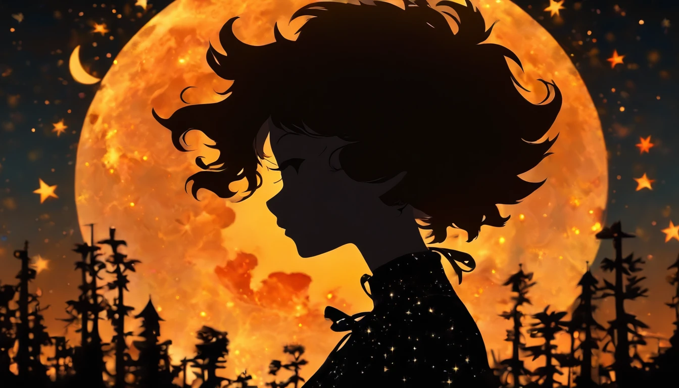 (Silhouette Art,cutouts:1.6)
(((Paper cutting art,A world where only black exists:1.3)
(Cowboy Shot),1 girl,Solo,
(Girl in dress,profile:1.2),white, Clear and beautiful face,Countless meteors、The Moon Behind、
Romper
(Dark Moon)
Textured glass background,Tarot card atmosphere、Atmosphere of the Galaxy Express