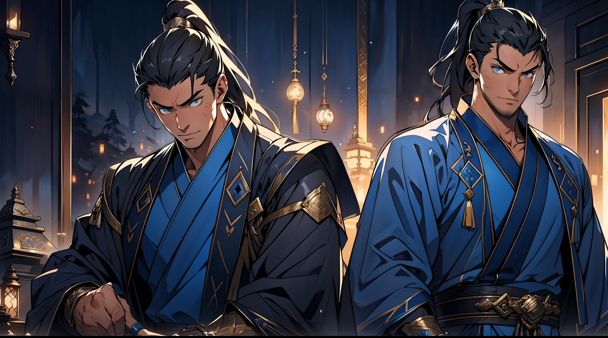 quadratic element，style of anime，mtu（Male Warrior），solo person，musculature，The proportions are correct，Face details，swordsmen，High ponytail hairstyle，perspired，Sweat on the face，drools，Neck details，There is an Adam's apple，Get wet，Drenched，Hanfu costume，kaftan，Embroidered robes，Robes，clothes details，Handing over，longer sleeves，Game quality，Swordsmanship，Light and shadow tracking，Ray traching，detailed glow，cg render，hair detail，cabelos preto e longos，Golden eyes，Sweat on the face，Handsome，Handsome，Beads of sweat slipped down my neck，（juvenile sense），Clothing is complicated，Drenched，Get wet，Perfectcomposition，Refinement，high qulity，higher details，Lots of details，The background is complex，a sense of atmosphere，