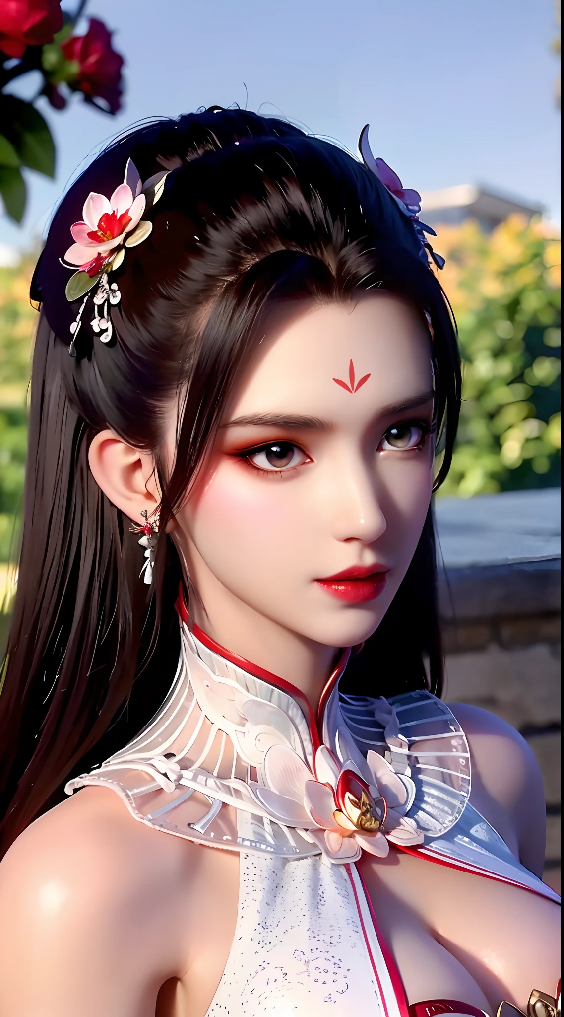 "1 beautiful girl wearing traditional costume, long thin red and white silk dress meticulously sewn, low-cut shirt, low slit, long black hair and bangs, most detailed and beautiful hair jewelry, mold most beautiful and flawless face, ((black eye pupils:0.8)), very beautiful eyes, big round eyes, ((red brown eyes:1.6)), beautiful and detailed makeup eyelashes, nose tall, earrings, small red lips, rosy face, clean face, flawless beautiful face, smooth white skin, ((large breasts: 0.9)), Blums breasts, ((chest big and super round: 0.9)), ((super tight breasts: 1.2)), ((breast augmentation: 0.8)), beautiful breasts, slim and petite body, ((thin waist: 0, 9)), upper body of a beautiful girl, sexy girl, fishnet stockings color coordinated according to outfit, 8k photo, super high quality, surreal, 10x super pixels, realistic photo, dark studio, background bright, two-tone light, (high detail skin: 1.2), 8k uhd, soft light, high quality, volumetric light, realistic, High resolution photo, light, best photo, quality 4k, 8k, smooth and sharp, increased pixels by 10 times, super graphics, most realistic graphics, (((Outdoor red flower background: 1.6))), 1 girl, alone, solo, ((portrait direct:1.2)), Extremely sharp, super realistic images."