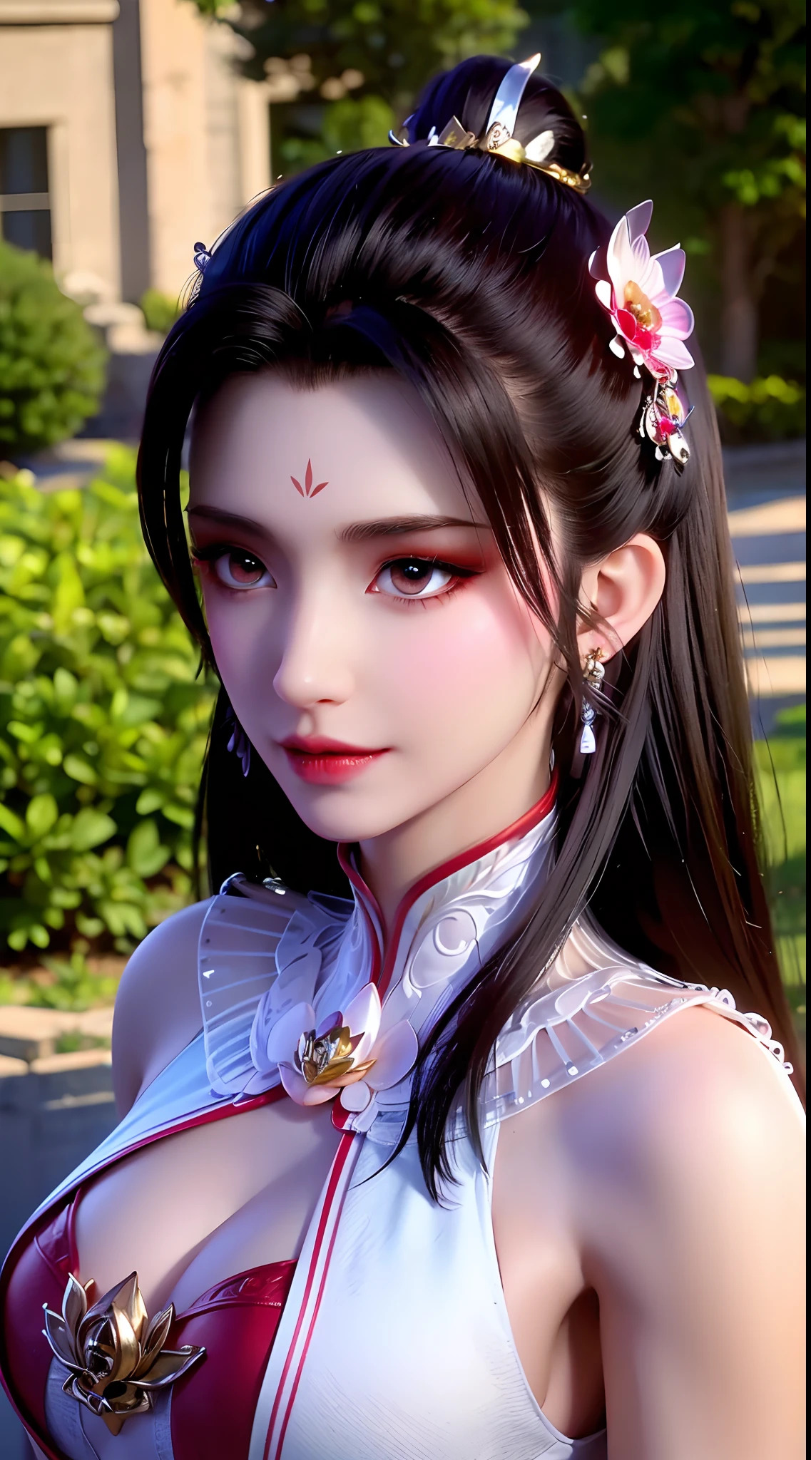 "1 beautiful girl wearing traditional costume, long thin red and white silk dress meticulously sewn, low-cut shirt, low slit, long black hair and bangs, most detailed and beautiful hair jewelry, mold most beautiful and flawless face, ((black eye pupils:0.8)), very beautiful eyes, big round eyes, ((red brown eyes:1.6)), beautiful and detailed makeup eyelashes, nose tall, earrings, small red lips, rosy face, clean face, flawless beautiful face, smooth white skin, ((large breasts: 0.9)), Blums breasts, ((chest big and super round: 0.9)), ((super tight breasts: 1.2)), ((breast augmentation: 0.8)), beautiful breasts, slim and petite body, ((thin waist: 0, 9)), upper body of a beautiful girl, sexy girl, fishnet stockings color coordinated according to outfit, 8k photo, super high quality, surreal, 10x super pixels, realistic photo, dark studio, background bright, two-tone light, (high detail skin: 1.2), 8k uhd, soft light, high quality, volumetric light, realistic, High resolution photo, light, best photo, quality 4k, 8k, smooth and sharp, increased pixels by 10 times, super graphics, most realistic graphics, (((Outdoor red flower background: 1.6))), 1 girl, alone, solo, ((portrait direct:1.2)), Extremely sharp, super realistic images."