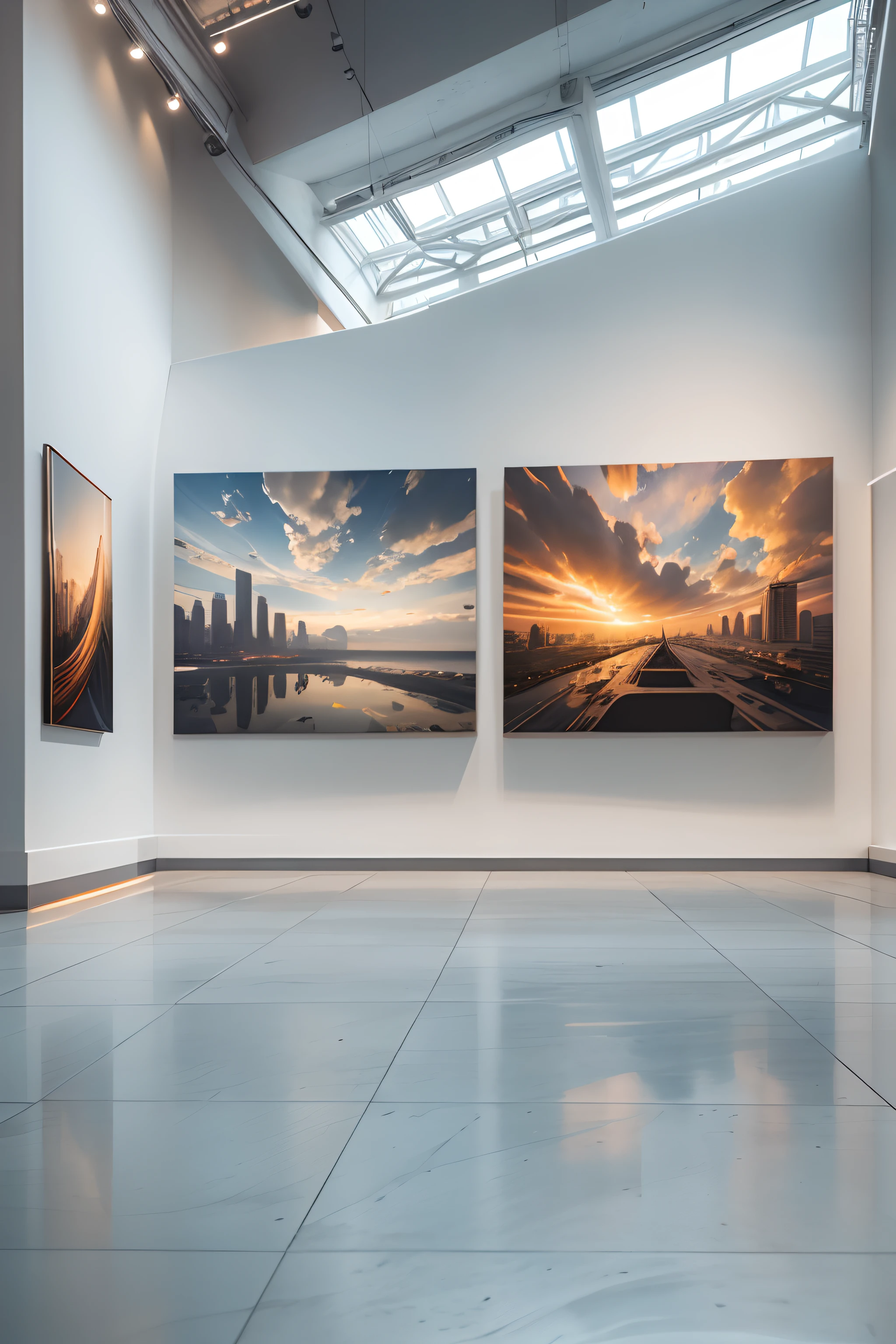 Art exhibitions，There is a wall in the middle of the exhibition hall,The painting on the wall is in the middle, Paintings on the walls, skyscape, Large airy windows, Zaha Hadid and Santiago Calatrava landscape panoramic style, Fish, Clear light, Edge lighting, Perfect image, Building summary style, 16k UE5. superfine, 8K, hdr, Product photography, Depth of field, Nikon D850, Ultra-realistic, no contrast, clean sharp focus, professional, No blurring