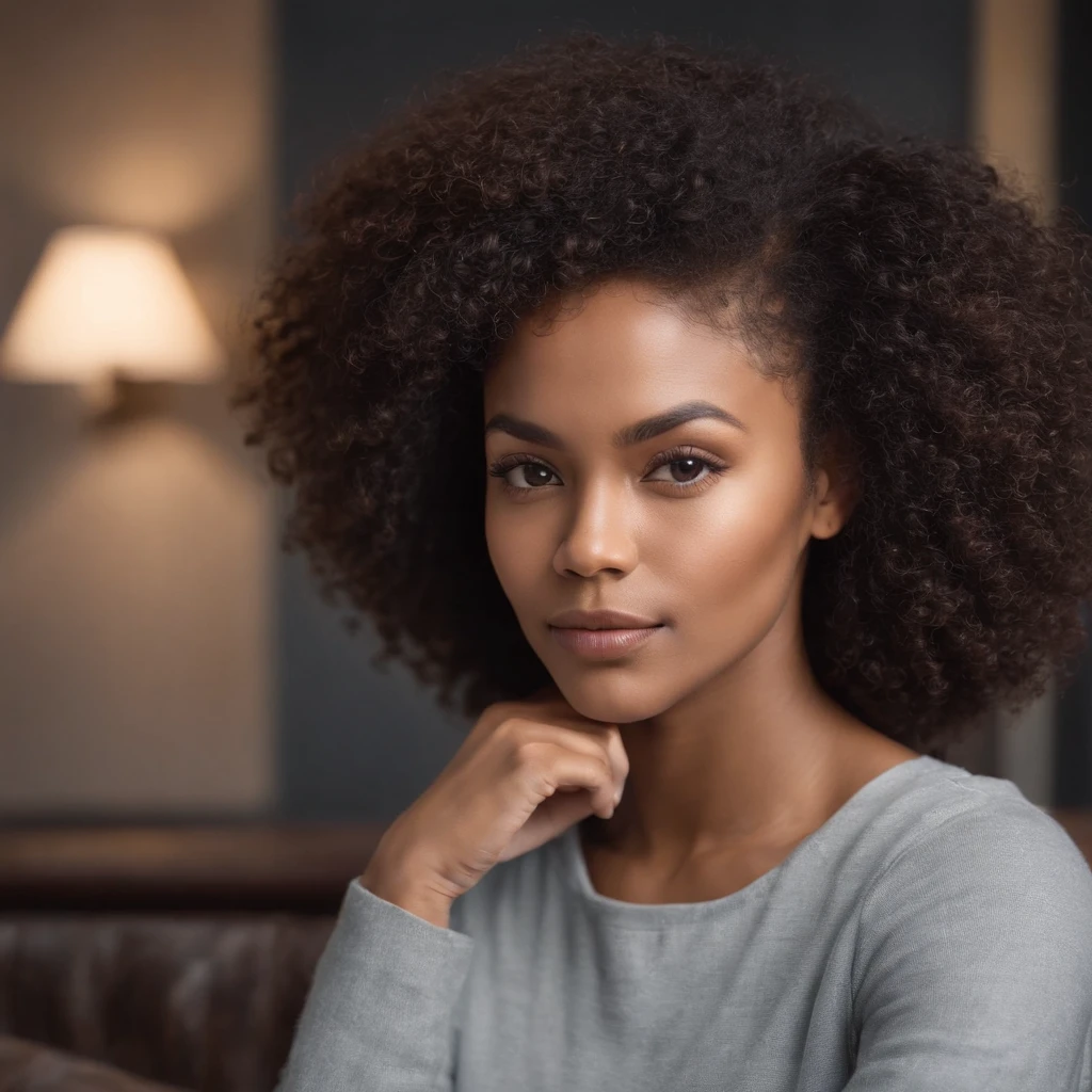 beautiful dark light skin woman with an afro hair style, Out-front photo of Influencer looking at the camera with arms down crossed on her laps.