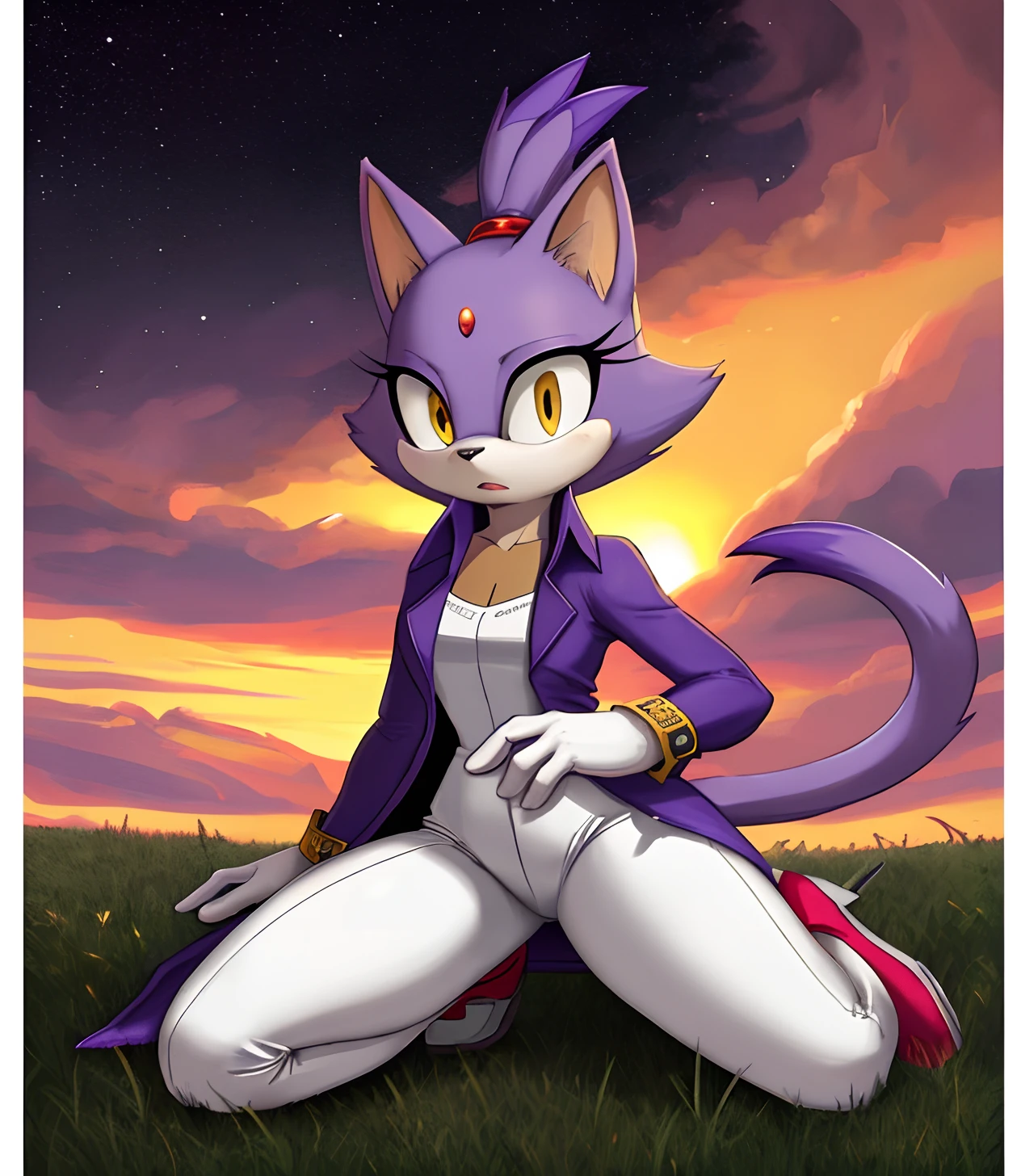 [Blaze the Cat], [Uploaded to e621.net; (Pixelsketcher), (twistedterra), (napalm_express)], ((masterpiece)), ((solo portrait)), ((front view)), ((full body)), ((detailed fur)), ((detailed shading)), ((beautiful render art)), ((intricate details)), {anthro cat, (light purple fur), black nose, cat ears, beautiful yellow eyes, red diamond on forehead, ponytail, hair tie, long tail, (curvy hips), (beautiful legs), (expressionless)}, {(purple trench coat), (white leggings), red high heel boots}, {(on knees), (hands on thighs), (looking at viewer)}, [background; (grass plains), (sunset), (starry sky)]