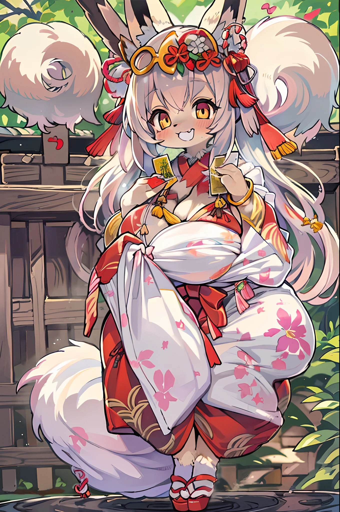 Fox Woman、body covered with fur、huge-breasted、kawaii、shrine maiden、Japan white clothes,Red Hakama、torii gate,summer day、look down from above、((Write))、A big smile、bbw、thick thight、big butts、Ultramammy,Chibi,Nanachi