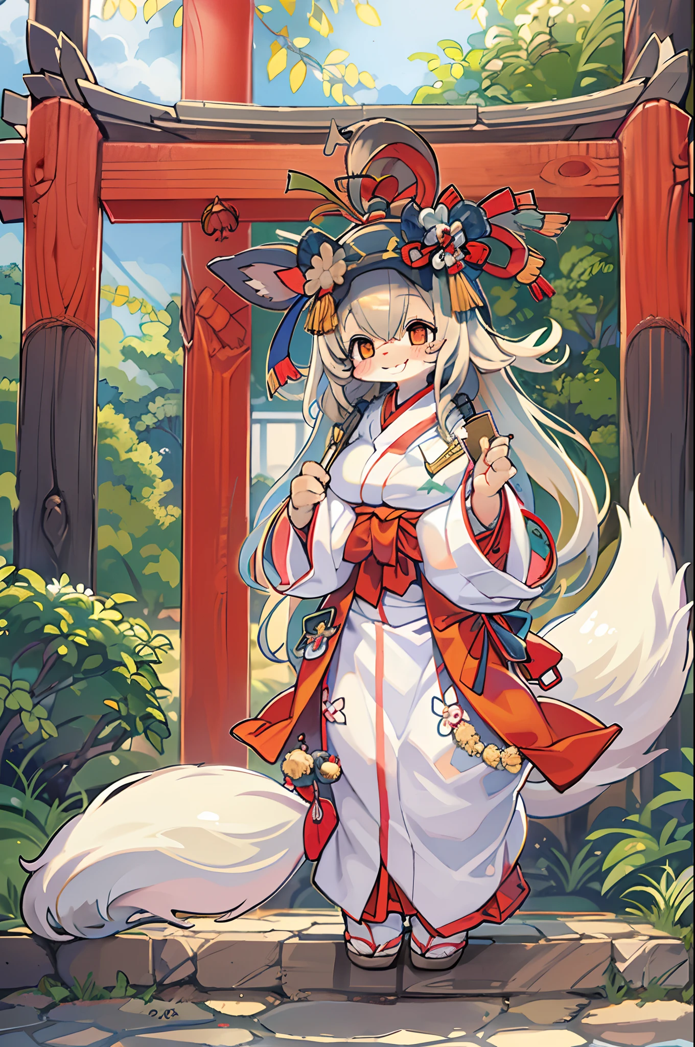 Fox Woman、body covered with fur、huge-breasted、kawaii、shrine maiden、Japan white clothes,Red Hakama、torii gate,summer day、look down from above、((Write))、A big smile、bbw、thick thight、big butts、Ultramammy,Chibi,Nanachi