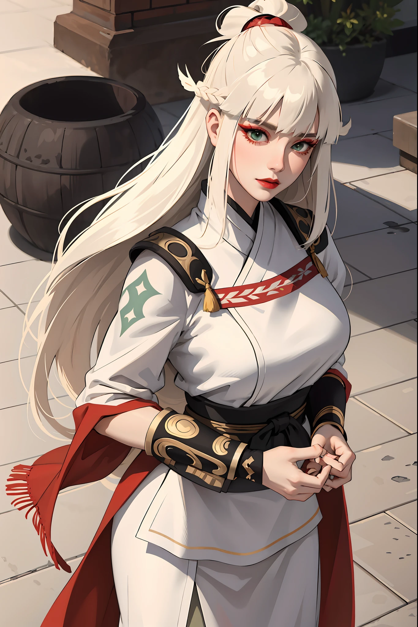 (masterpiece:1.2, best quality), (real picture, intricate details), 1lady, solo, upper body, casual, long hair, heavy makeup, white face, red lipstick, red eyeshadow, natural fabrics, close-up face, serious, warrior, female warrior, armour, really long light platinum blonde hair, platinum blonde voluminous hair, cute bangs, hair bangs, bangs between eyes, soft bangs on forehead, green eyes, mature face, big tits, big breasts , 1female, 1woman, 1beautiful girl, Kyoshi uniform, Kyoshi makeup, Kyoshi Warrior (Avatar the Last Airbender)