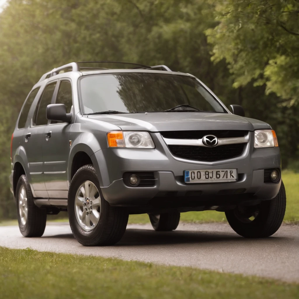 car layout; model Mazda Tribute 2003, gray; realistic photo; "detailed photo"; best quality,4K,8K,high resolution, masterpiece, ultra-detailed, detailed ribbed bumper, raindrops on the windshield, vivid colors, studio lighting.