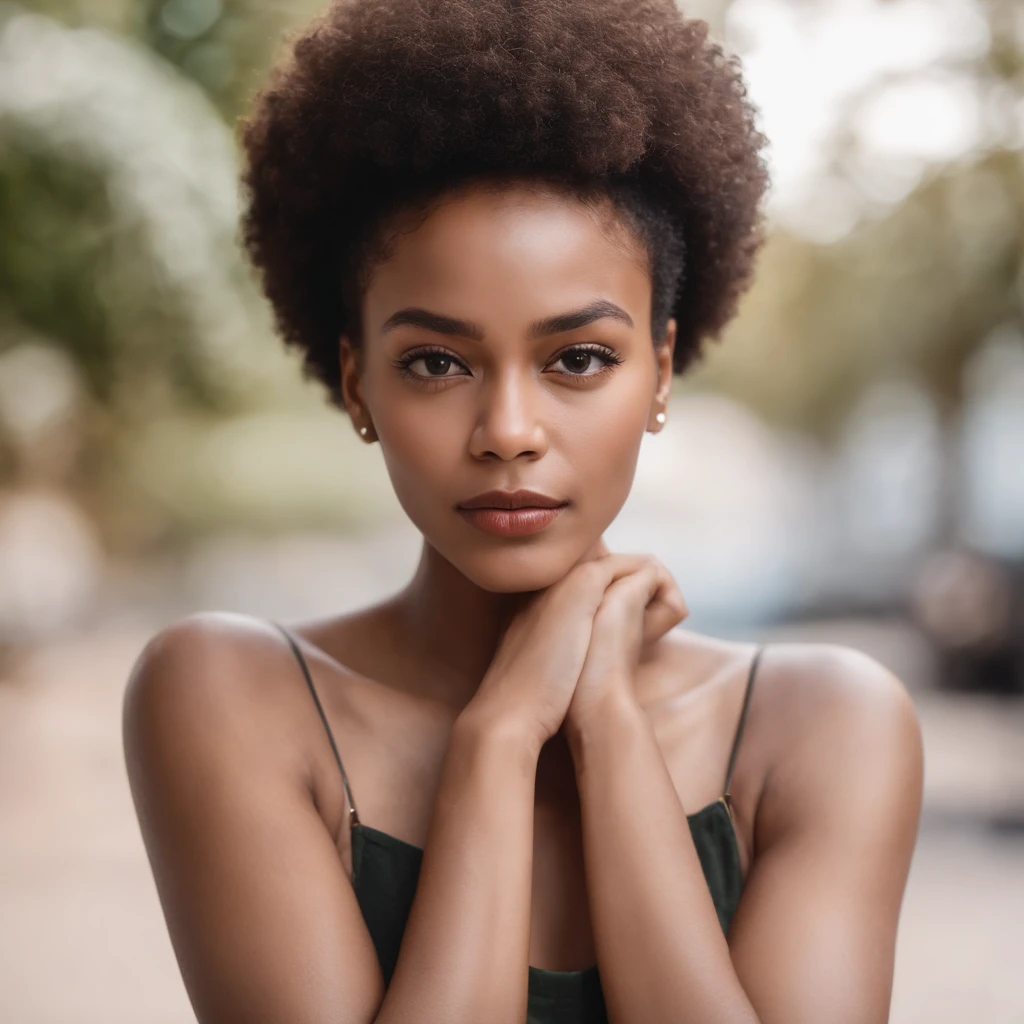 beautiful dark light skin woman with an afro hair style, Out-front photo of Influencer looking at the camera with both hands crossed and folded in front of her.