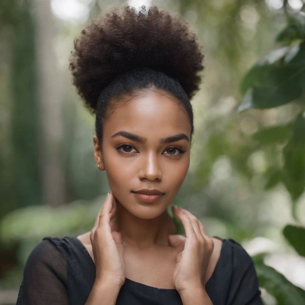 beautiful dark light skin woman with an afro hair style, Out-front photo of Influencer looking at the camera with both hands crossed and folded in front of her.