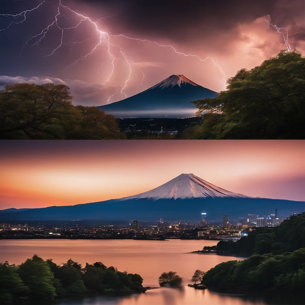 Master Parts、Superior Quality、superior image quality、The 8k quality、Beautiful pictures of the starry sky、magnifica、(Mt fuji:1.25)、dramatic cloud:1.5、lightning bolt:1.9、lightning:1.9