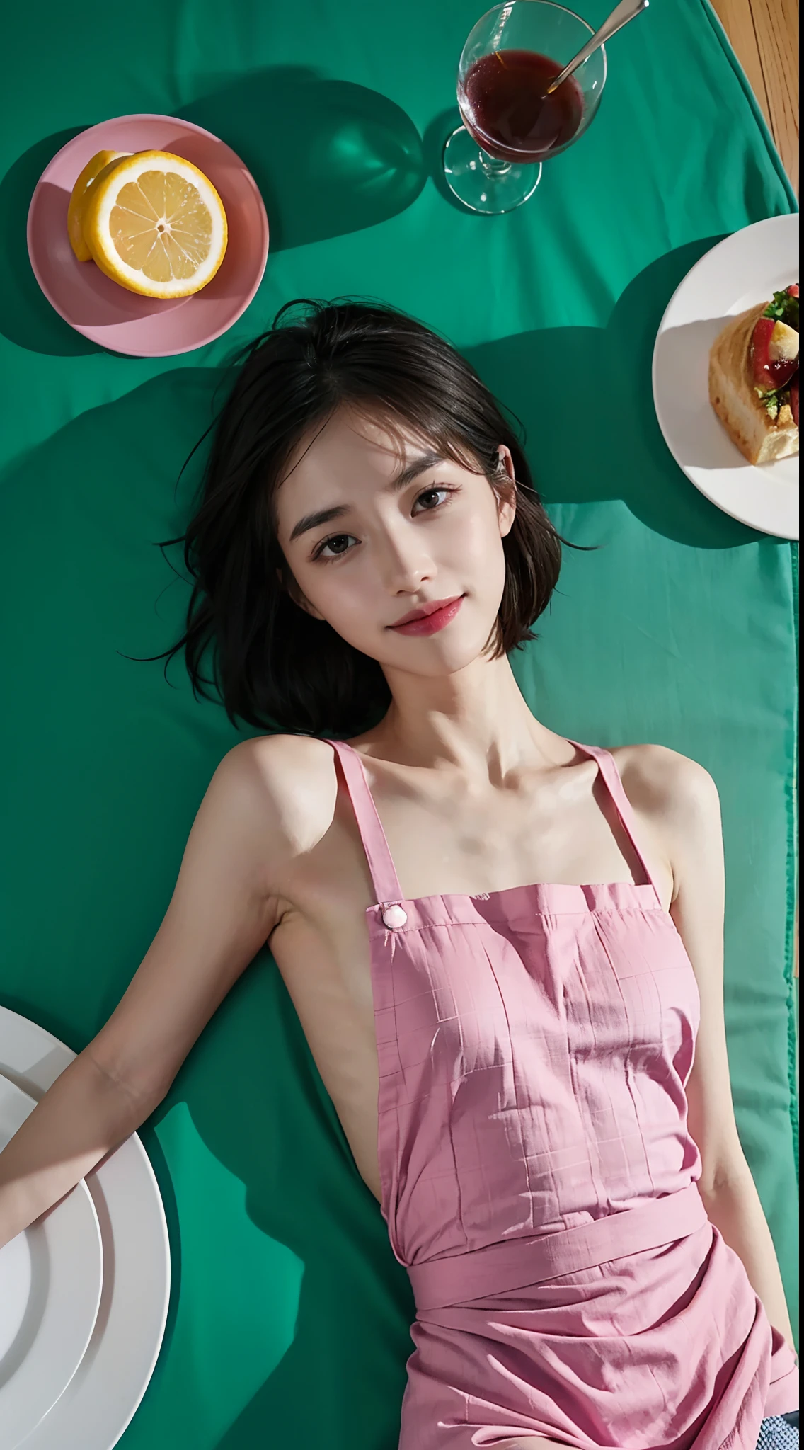 (Small lower chest,Tomboyish,small heads)), (Well-defined abs: 1.1), (perfect bodies: 1.1), (short-length straight short hair: 1.2), attractive collarbone，（极其细致的CG 8k壁纸），（Extremely refined and beautiful），（tmasterpiece），（best qualtiy：1.0），（超高分辨率：1.0），upper body photos，[A high resolution]，cheerfulness，Smile，Smooth and flawless fair skin，ultra - detailed ，Elongated legs，（Small breasts:1.1),Flat chest,underbust,Slim，emaciated，No bra,(Maxi pink apron:1.3)，At home, in dinning room，Teal background，Close shot，nightfall，warm light，a dinning table,Several dishes on the table，dinnerware,(Lying flat on back on the dining table:1.3),Top down overhead camera perspective,Printed tablecloth