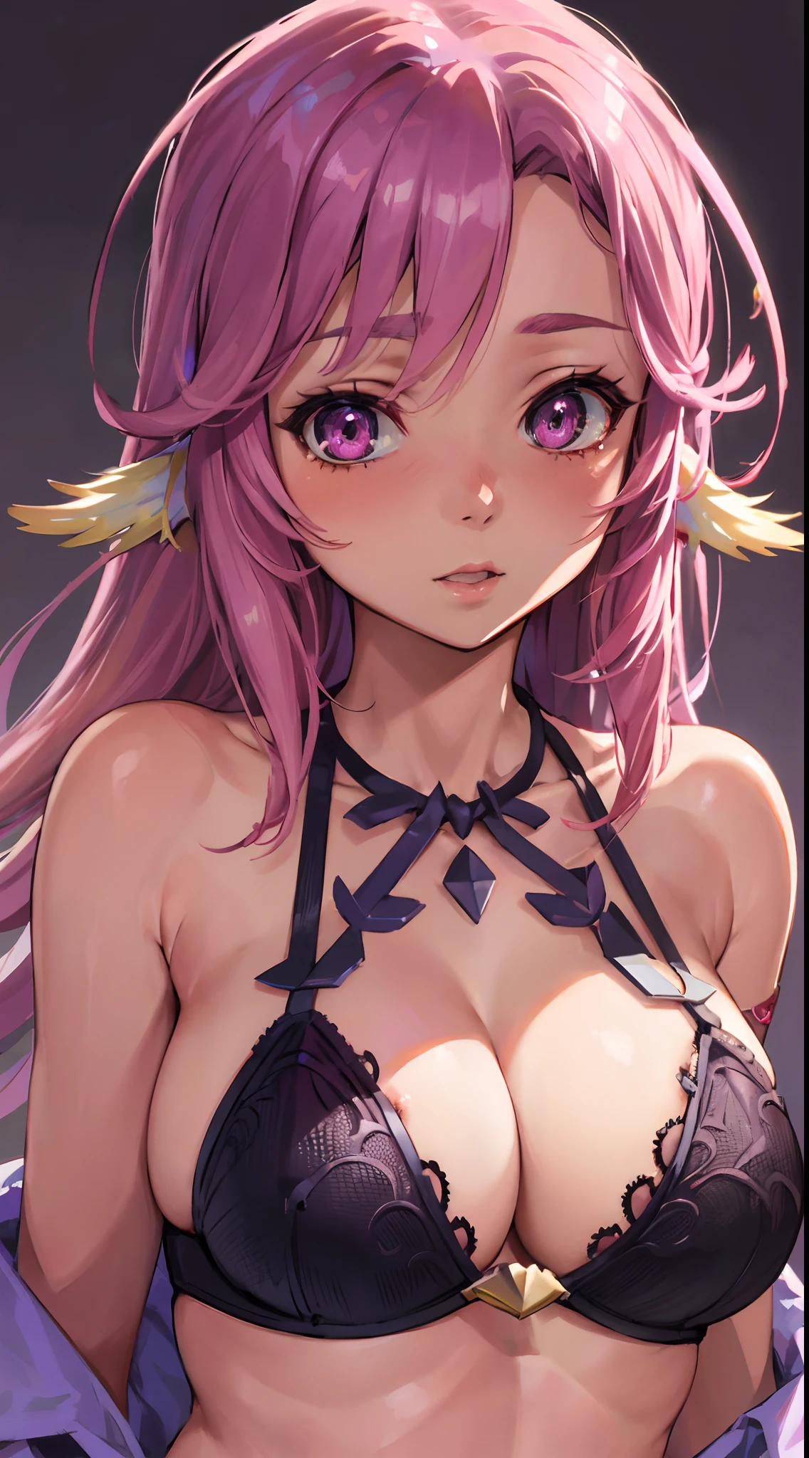Jibril, upper body, blushed, perfect anatomy, detailed eyes, detailed lips, extremely detailed eyes and face, vivid colors, sharp focus, bra, masterpiece:1.2, ultra-detailed, bra, blushed.