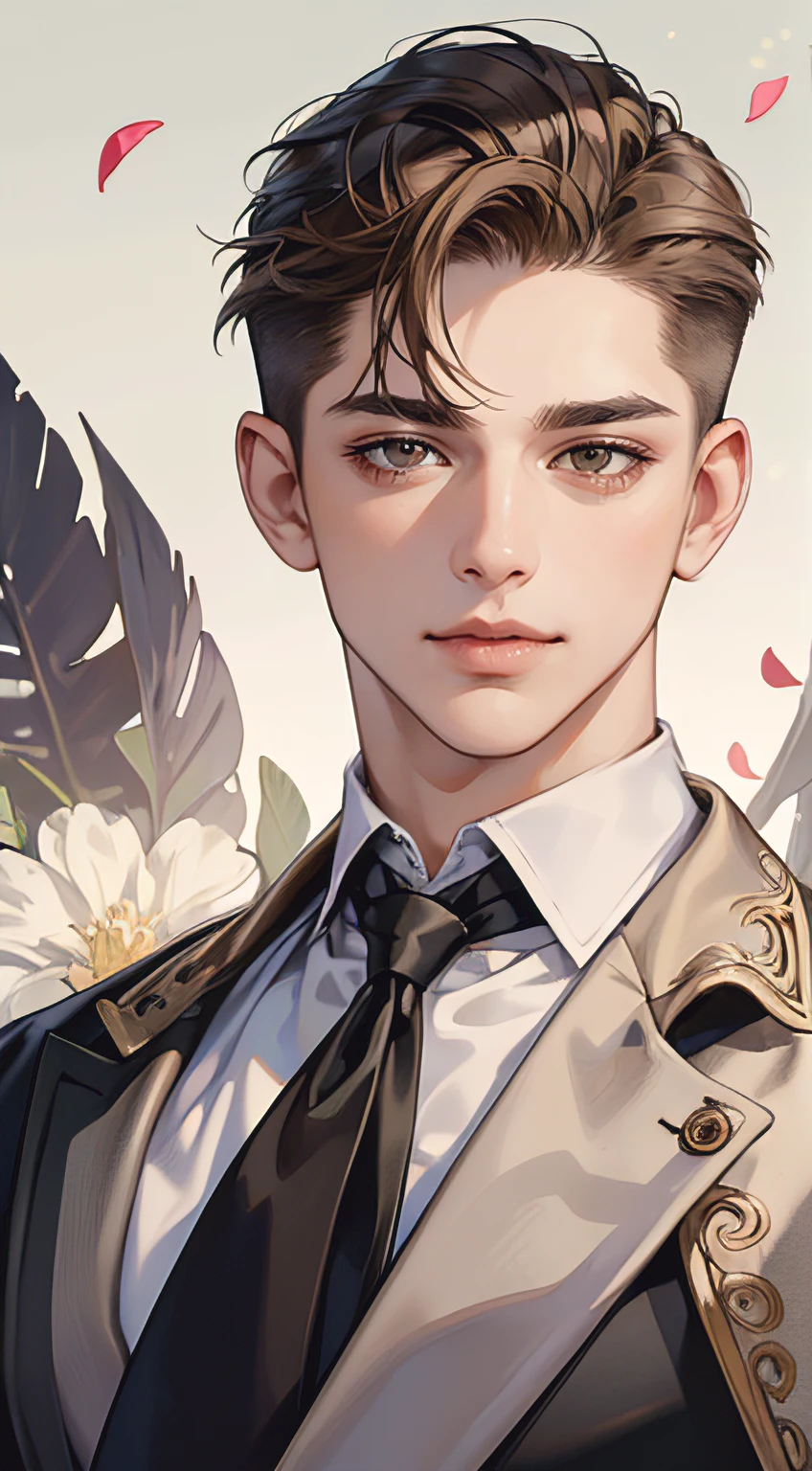 ((masterpiece)),(((best quality))), (detailed light) (detailed shadow), (high quality, breathtaking),(expressive eyes, perfect face), 1man, solo, male, tall, (mature), board shoulder, muscular, (((undercut hairstyle))), short brown hair, ((light brown eyes))), happy smiling face, black suit, white tie, oak tree background, flower petal flying, windy, look at viewer,