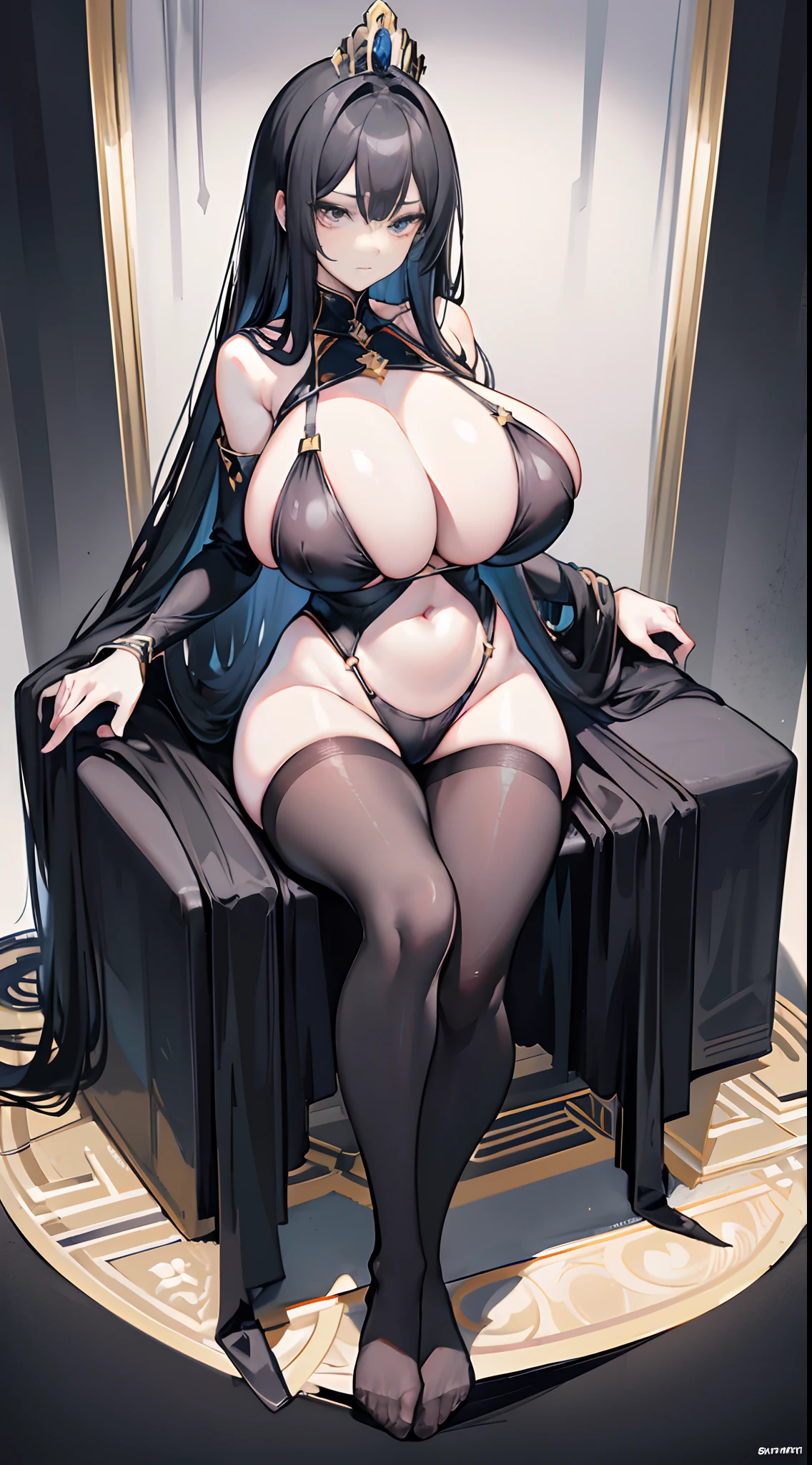 Solo,Black ultra-thin slingshot swimsuit,female emperor,(gigantic breasts:1.5),indifferent expression,Long black hair,Black colored eyes,Black pantyhose,Oily pantyhose,No shoes,White skin,sitting on an royal throne,Below the eyelids,Bottom-up view,royal palace interior,Feet on the white carpet