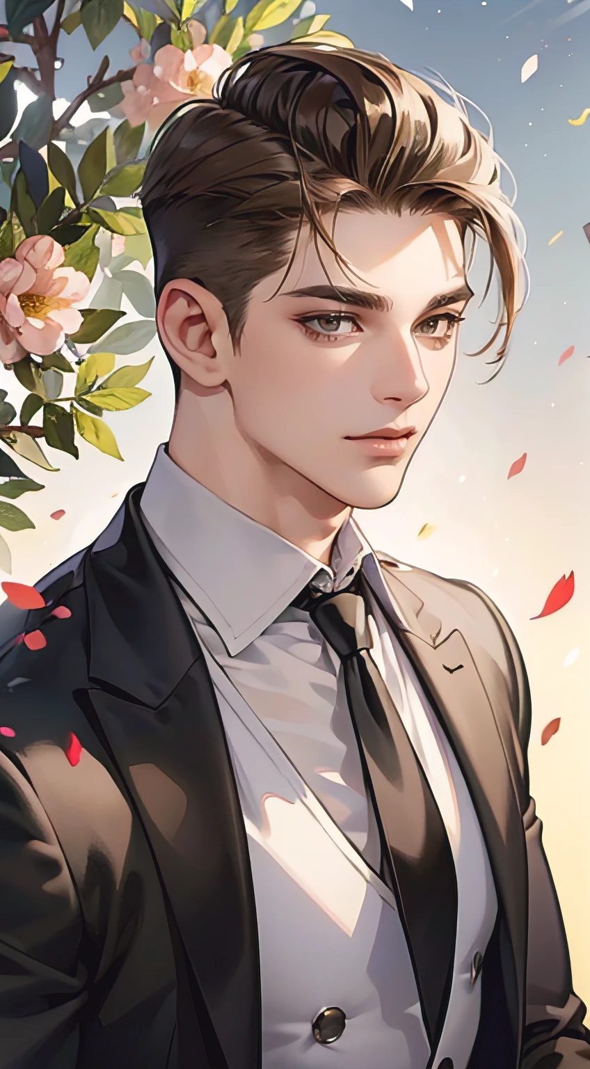 ((masterpiece)),(((best quality))), (detailed light) (detailed shadow), (high quality, breathtaking),(expressive eyes, perfect face), 1man, solo, male, tall, (mature), board shoulder, muscular, (((undercut hairstyle))), short brown hair, ((light brown eyes))), happy smiling face, black suit, white tie, oak tree background, flower petal flying, windy, look at viewer,