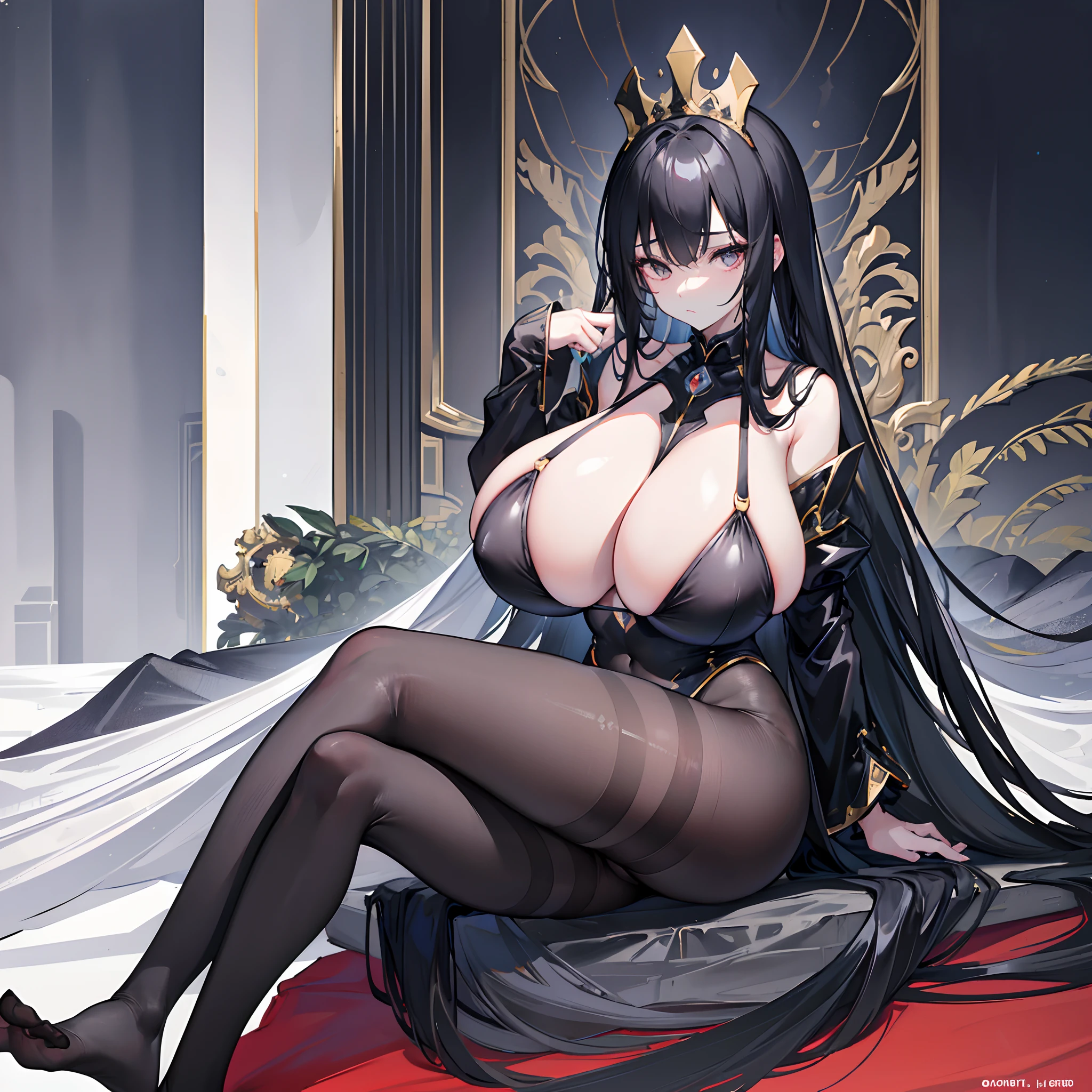 Solo,Black ultra-thin slingshot swimsuit,female emperor,(gigantic breasts:1.5),indifferent expression,Long black hair,Black colored eyes,Black pantyhose,Oily pantyhose,No shoes,White skin,sitting on an royal throne,Below the eyelids,Bottom-up view,royal palace interior,Feet on the white carpet